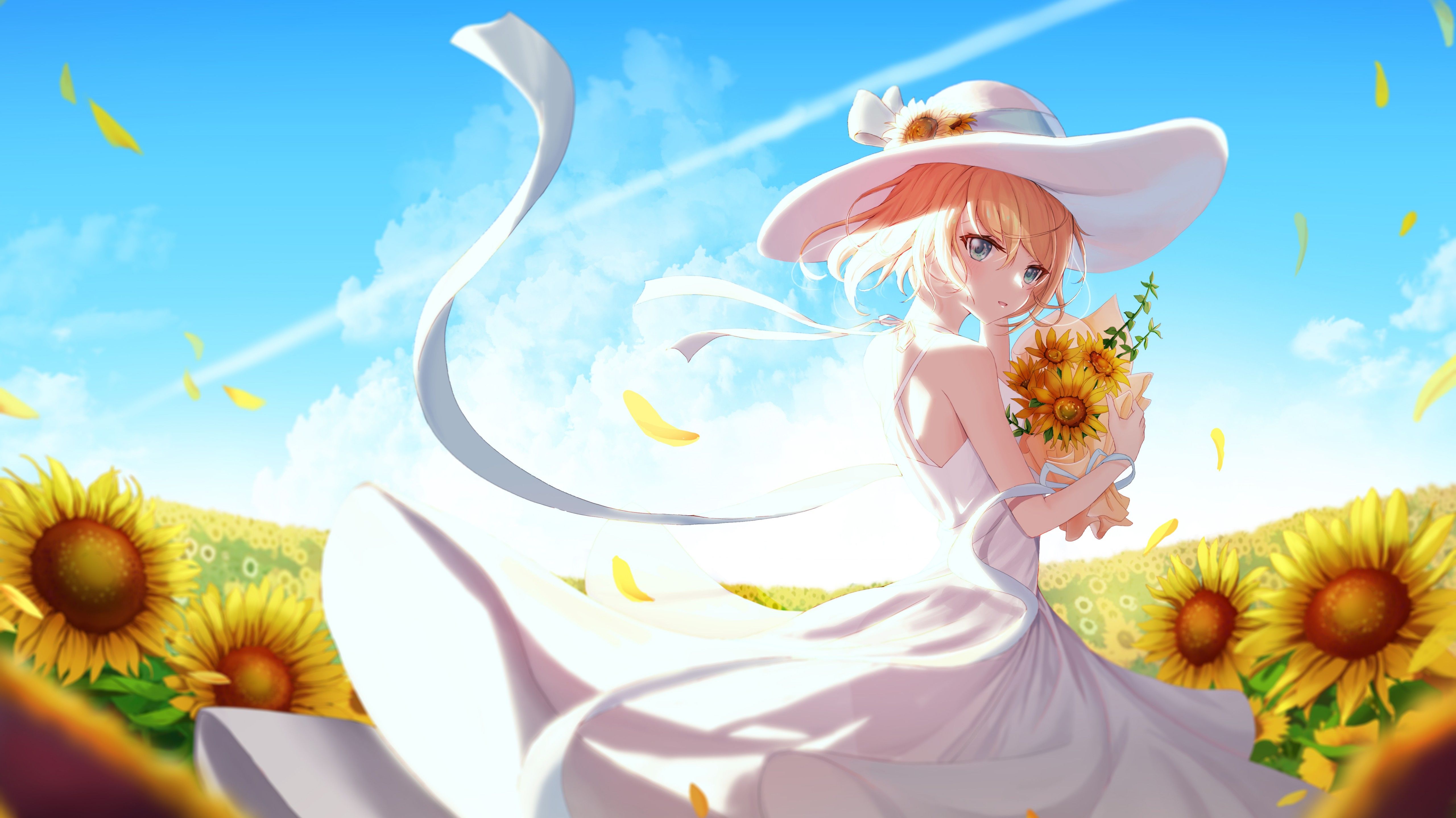 Anime girl 4K Wallpaper, Sunflowers, Sunny day, 5K, Fantasy