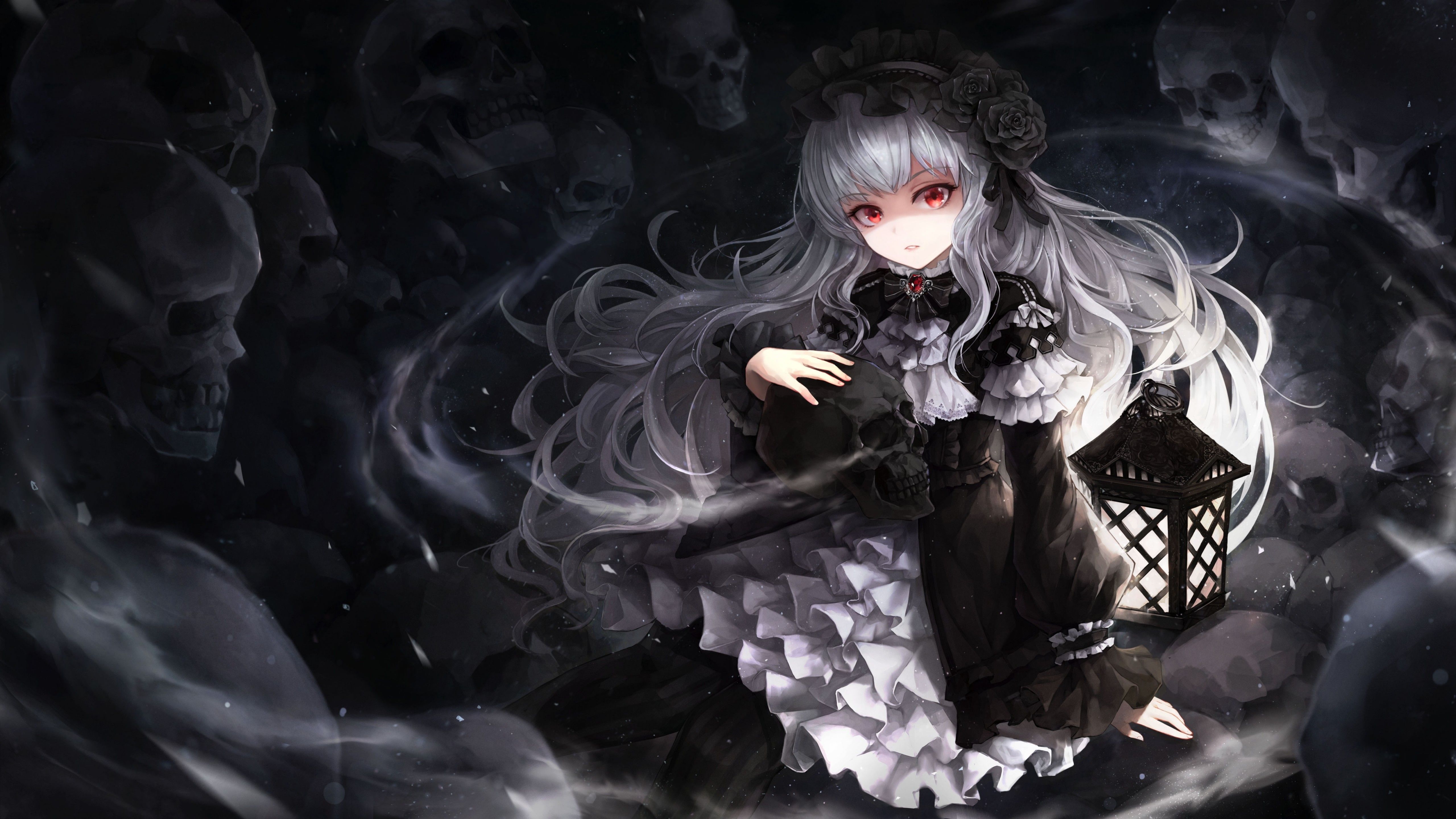 Download 5120x2880 Gothic Anime Girl, Skulls, White Hair, Dress, Lantern, Red Eyes Wallpaper
