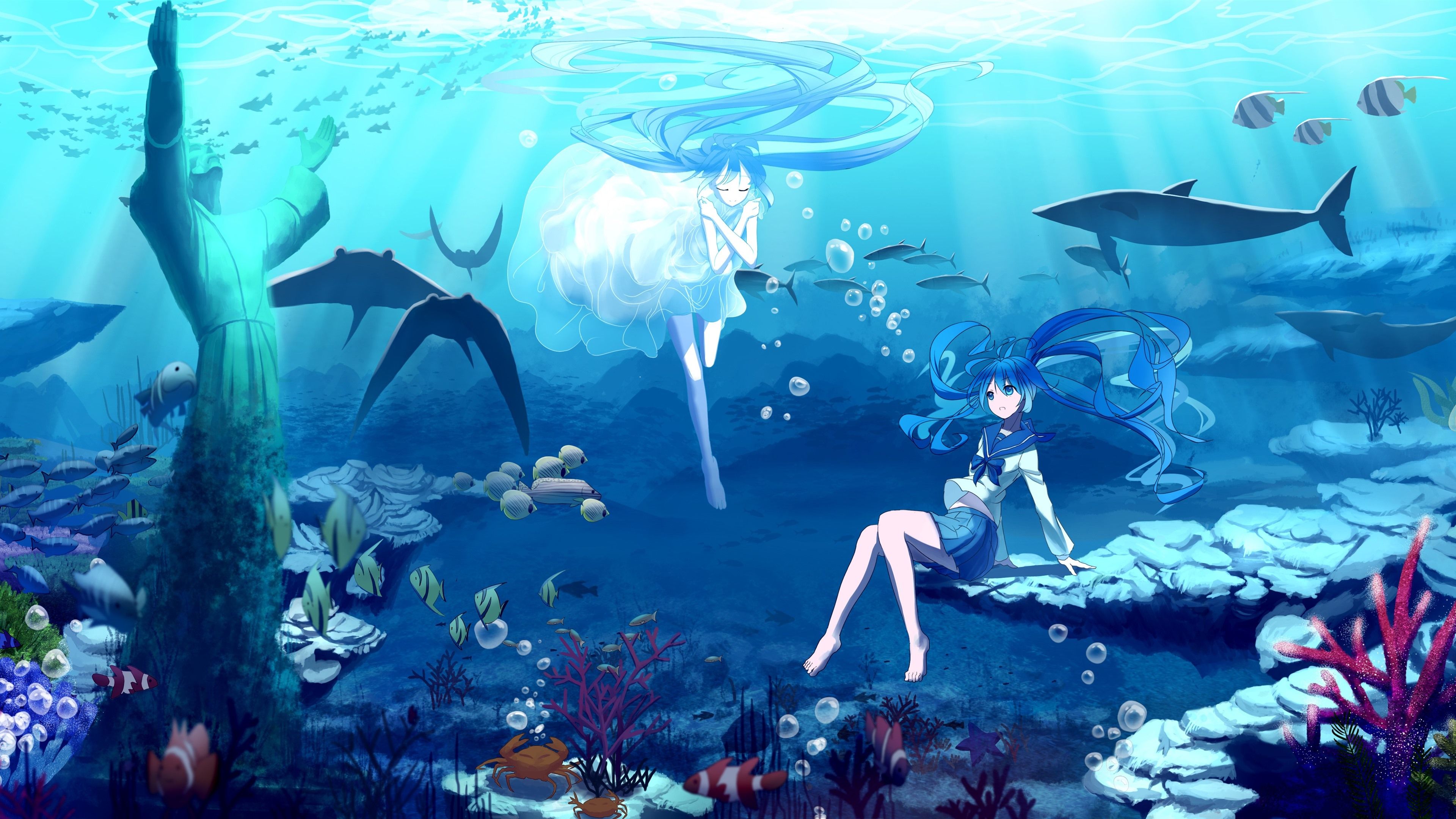 Wallpaper Hatsune Miku, blue hair anime girls, underwater, sea, fish 3840x2160 UHD 4K Picture, Image