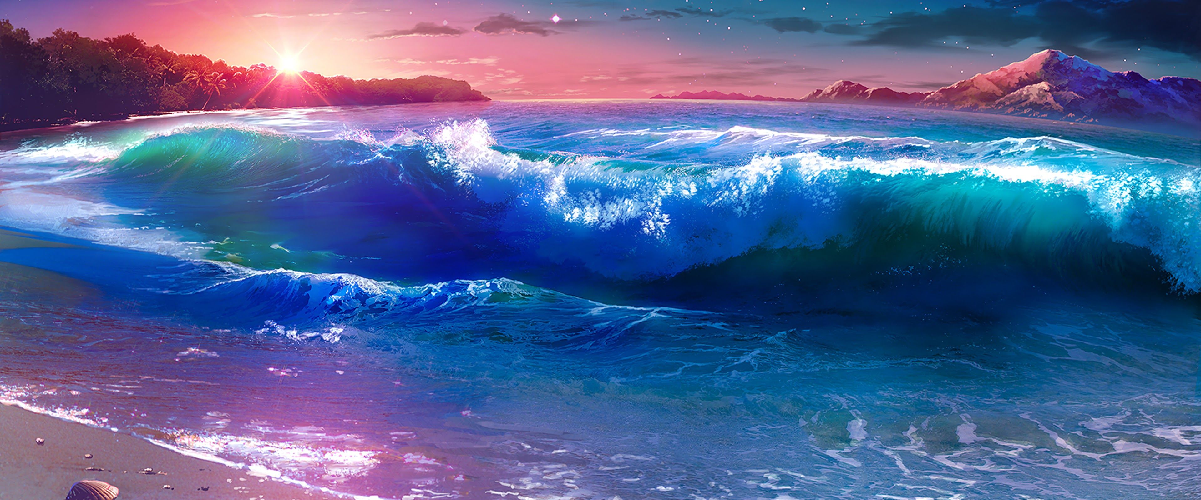 Beach Waves Sunset Scenery Anime 4K Wallpaper