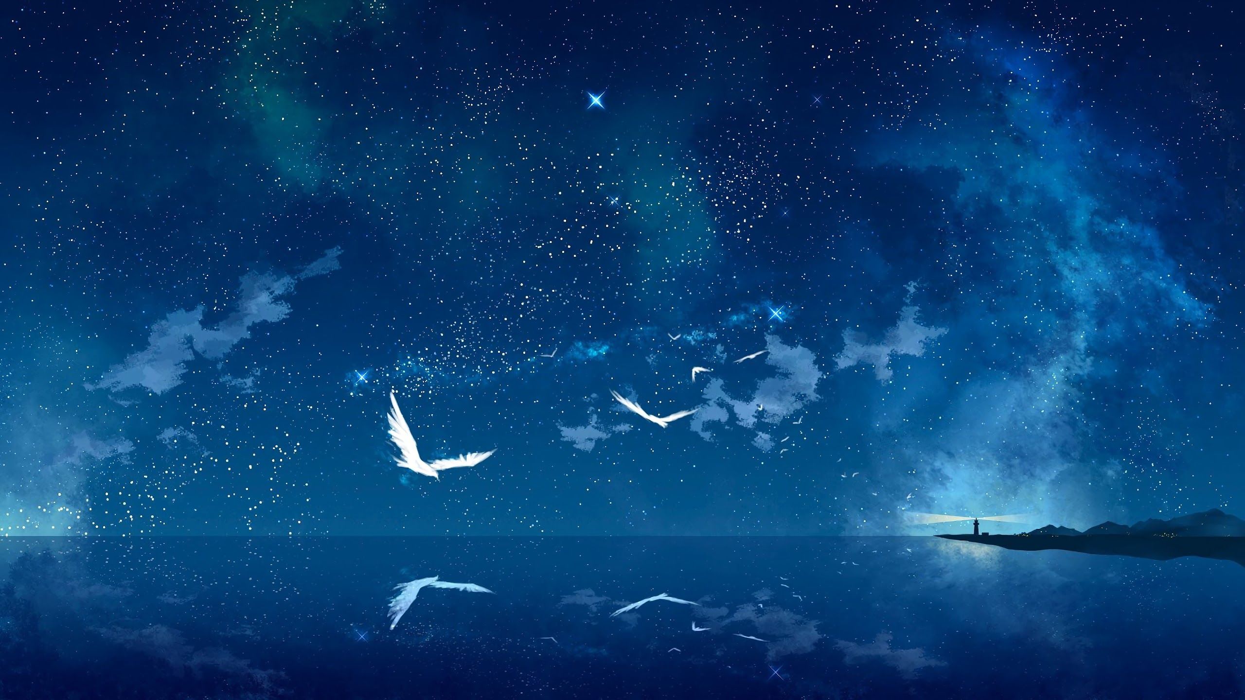 Night Sky Stars Ocean Horizon Scenery Lighthouse Anime 4K Wallpaper