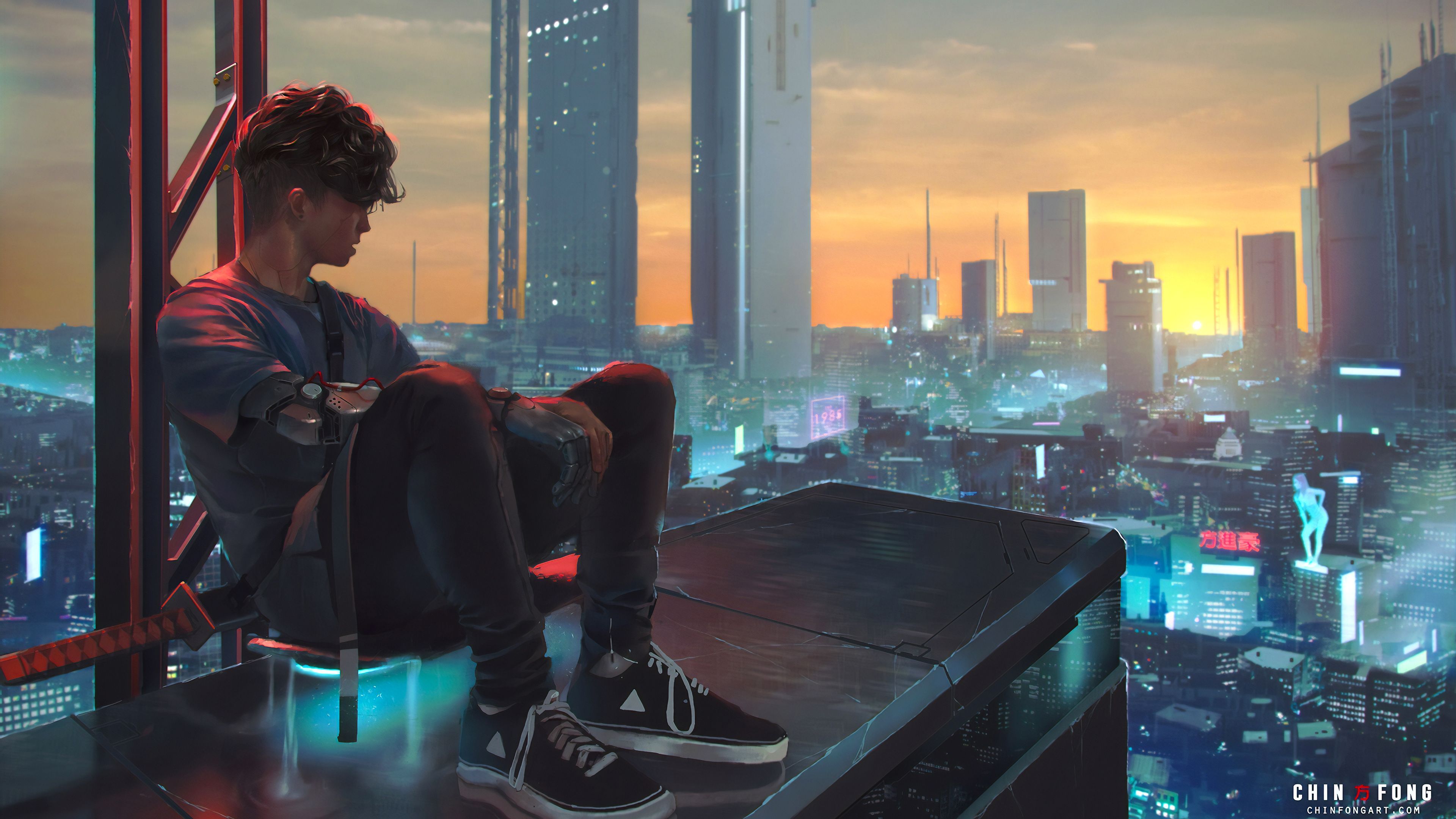 Cyber City Alone Skater Hd Wallpaper, Digital Art Wallpaper, Cyber Wallpaper, Artwork Wallpaper, Artist Wallpape. Futuristic City, Cyberpunk, Digital Painting