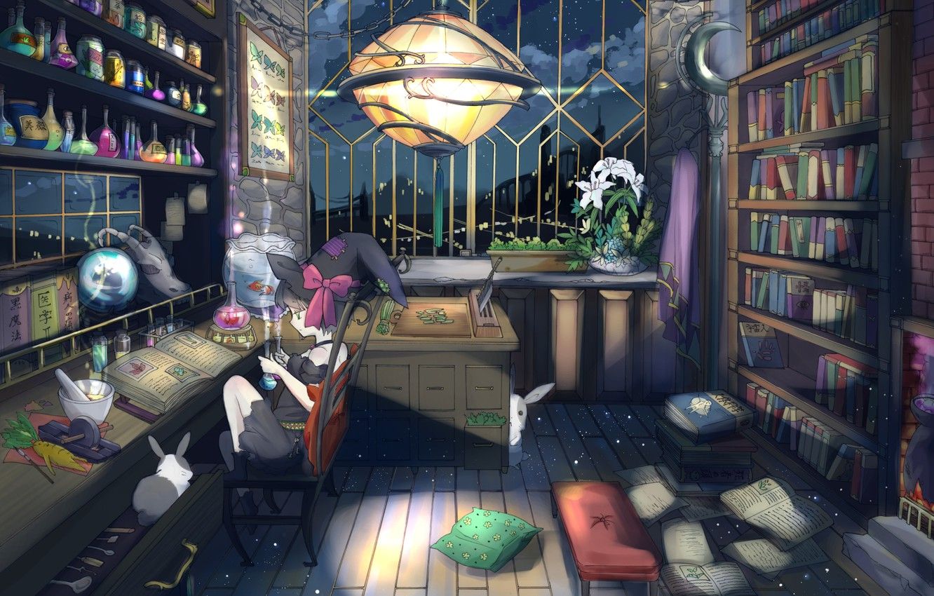 Wallpaper anime, rabbit, library, witch, alchemy image for desktop, section прочее