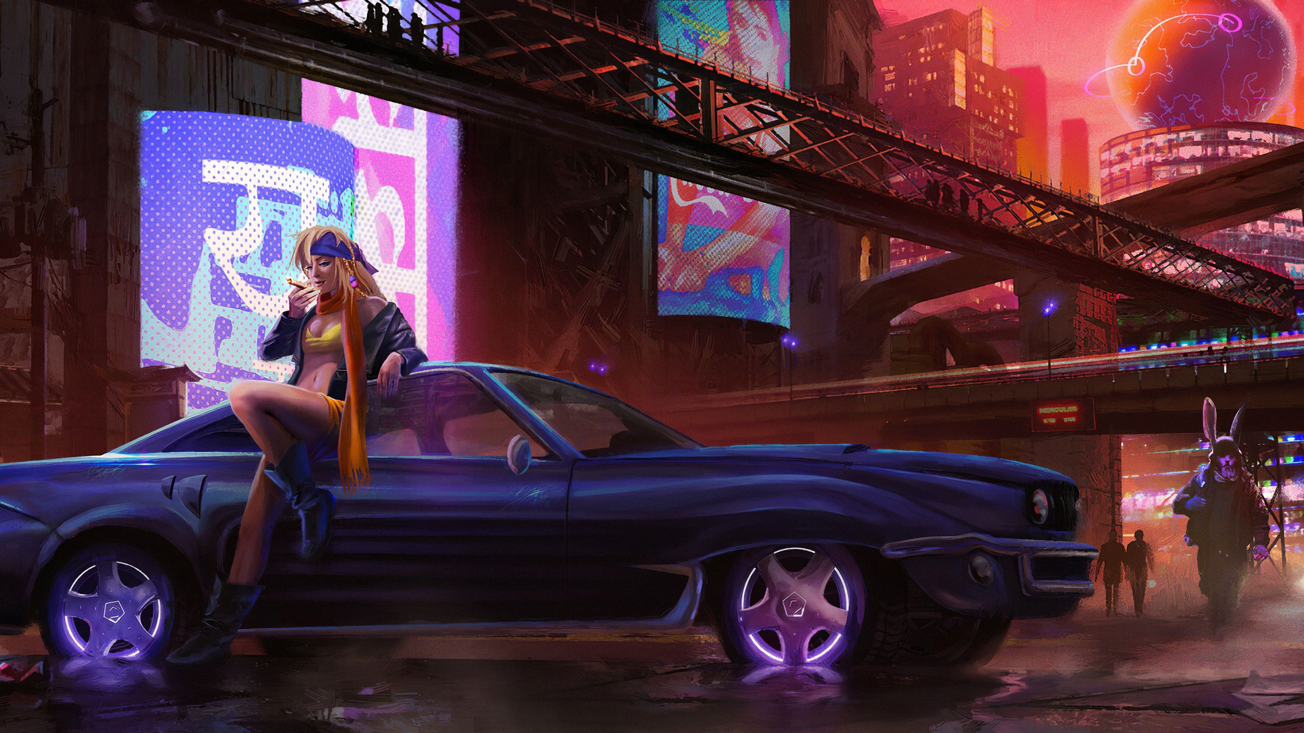 Wallpaper 4k Cyber City Girl With Car