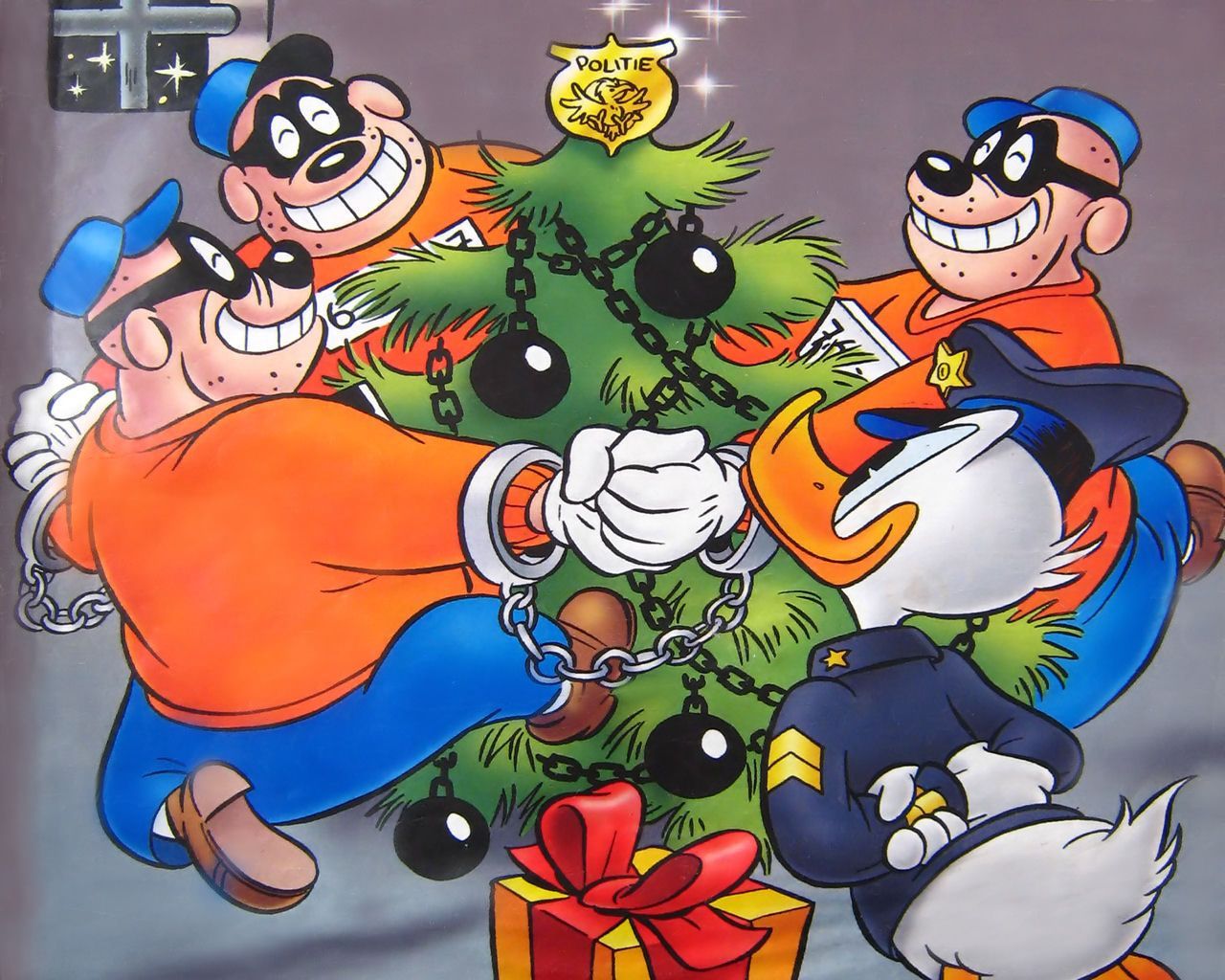 The Beagle Boys celebrate Christmas as Donald stands watch. Irmão metralha, Irmaos metralhas, Desenhos