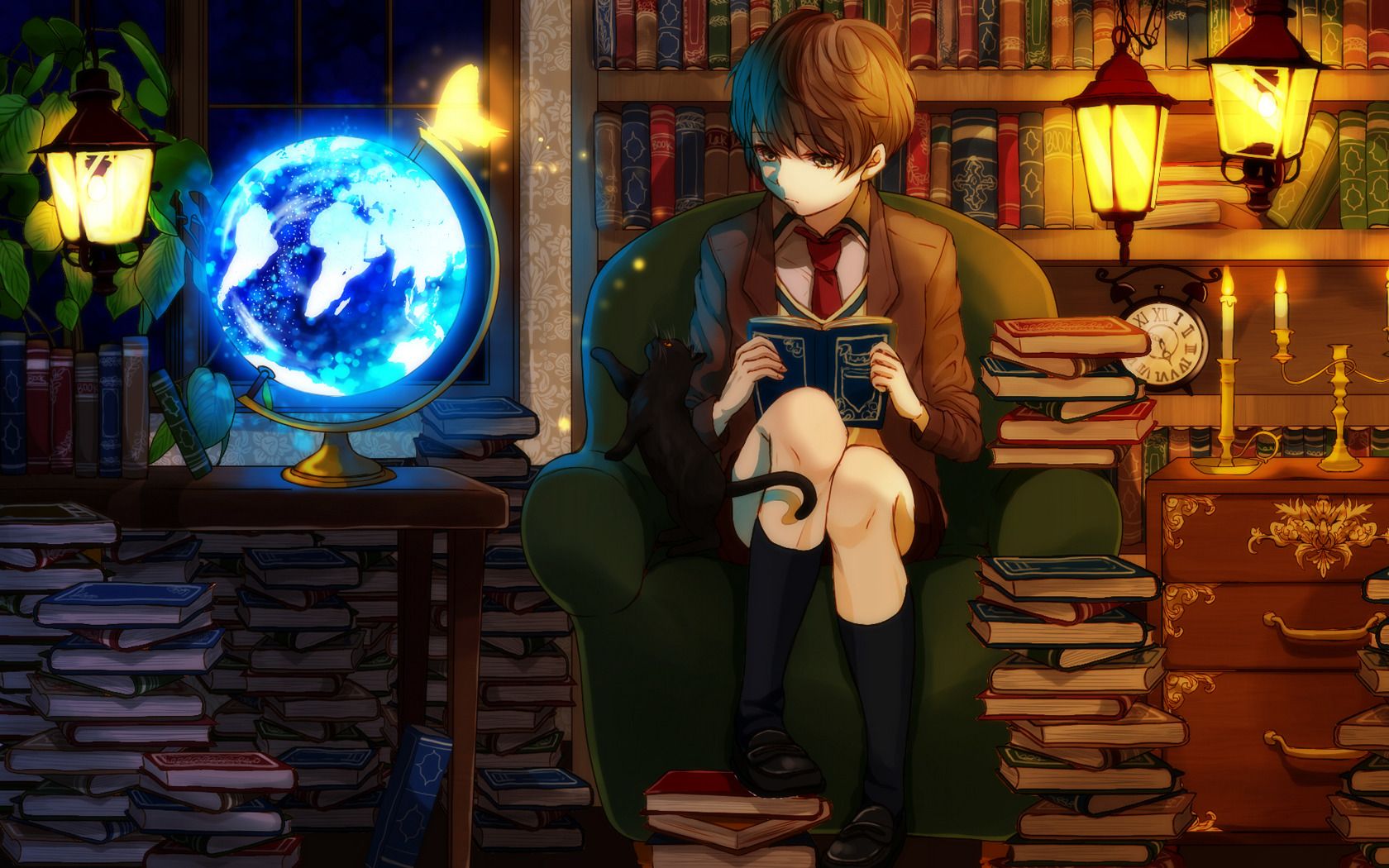 Download wallpaper 1920x1080 girl library study anime full hd hdtv  fhd 1080p hd background