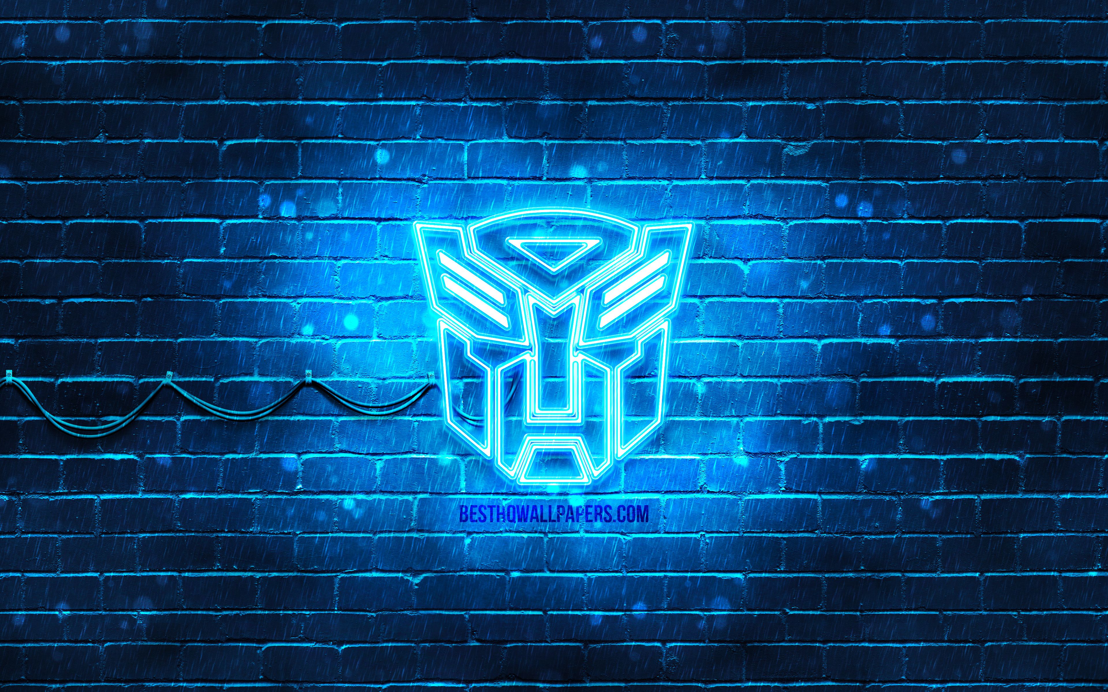 Download wallpaper Transformers blue logo, 4k, blue brickwall, Transformers logo, movies, Transformers neon logo, Transformers for desktop with resolution 3840x2400. High Quality HD picture wallpaper