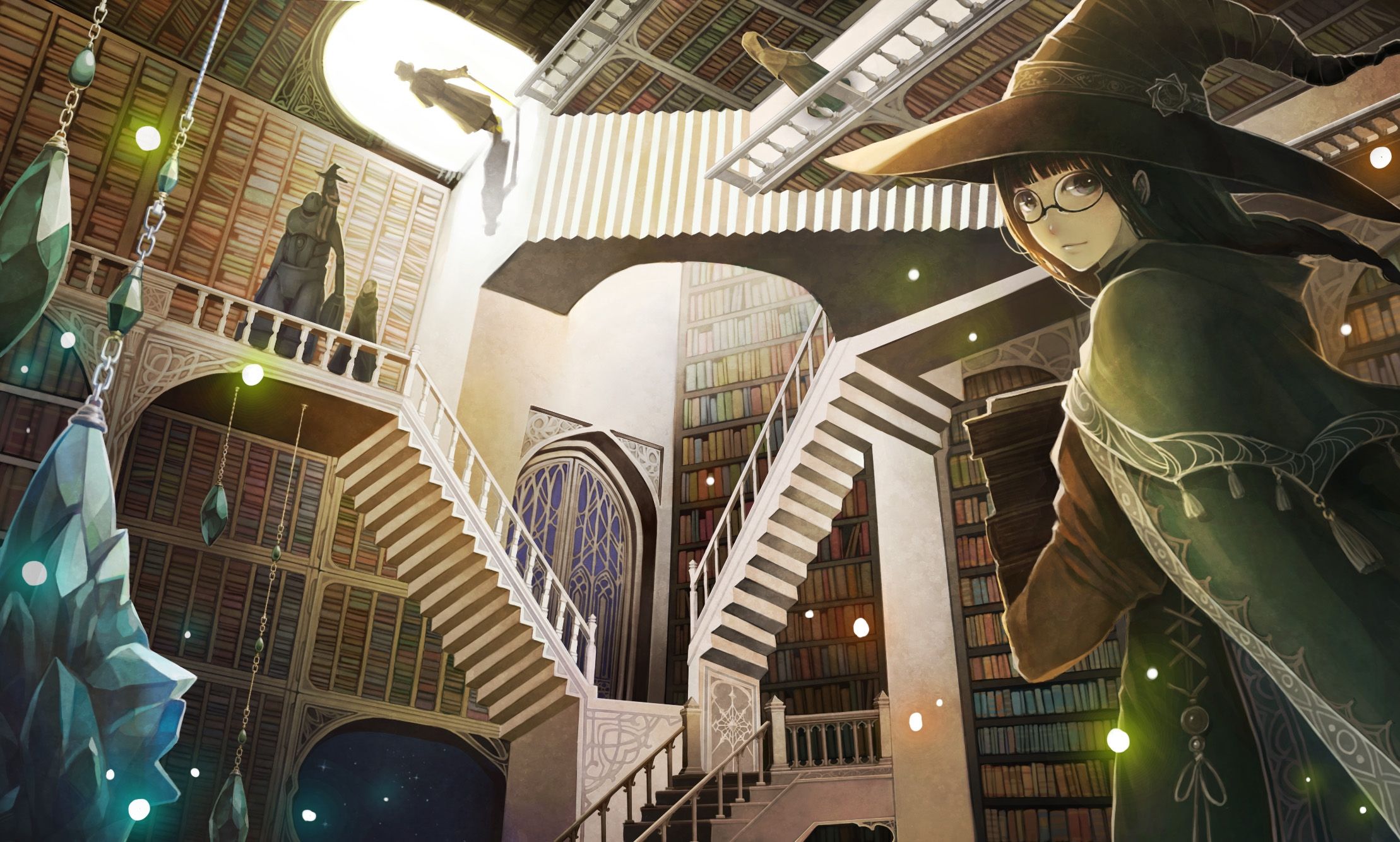 Download 2218x1334 Witch, Library, Anime Girl, Fantasy, Stairs, Books Wallpaper