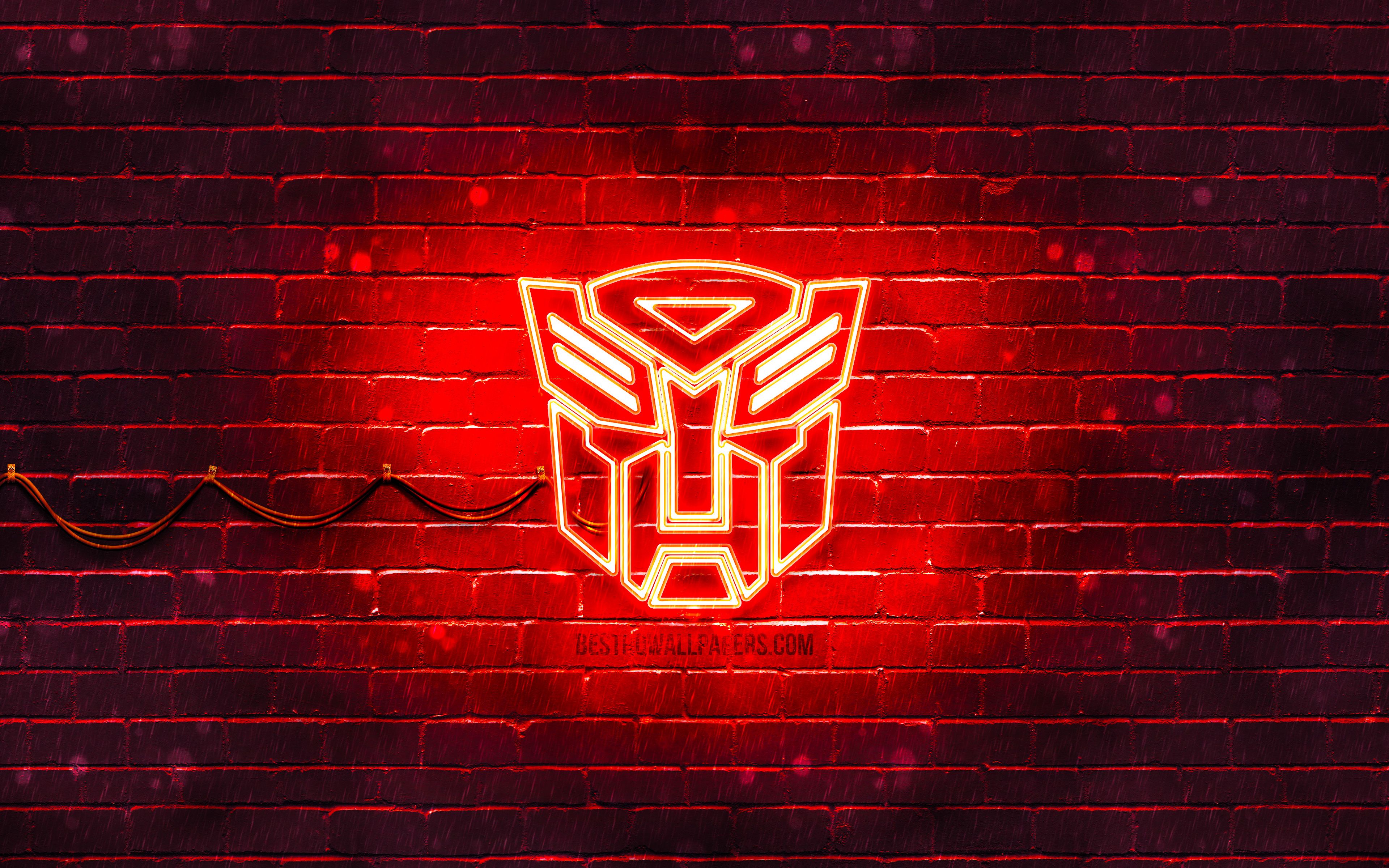 Download wallpaper Transformers red logo, 4k, red brickwall, Transformers logo, movies, Transformers neon logo, Transformers for desktop with resolution 3840x2400. High Quality HD picture wallpaper