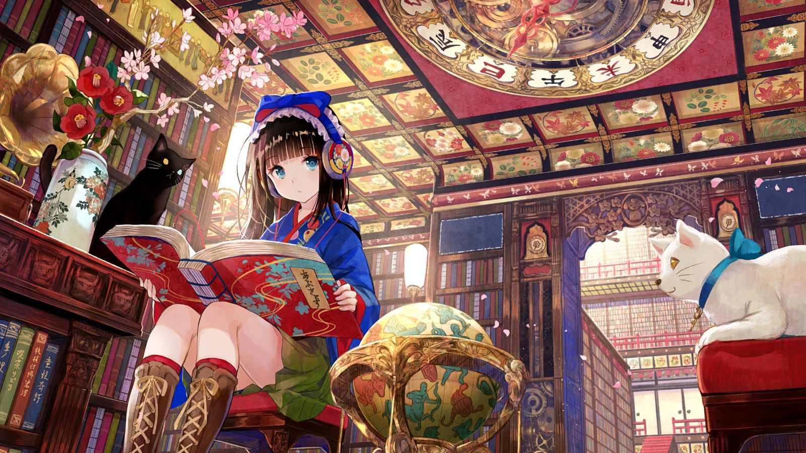 Desktop Wallpaper Library, Reading, Book, Anime Girl, HD Image, Picture, Background, 694f E