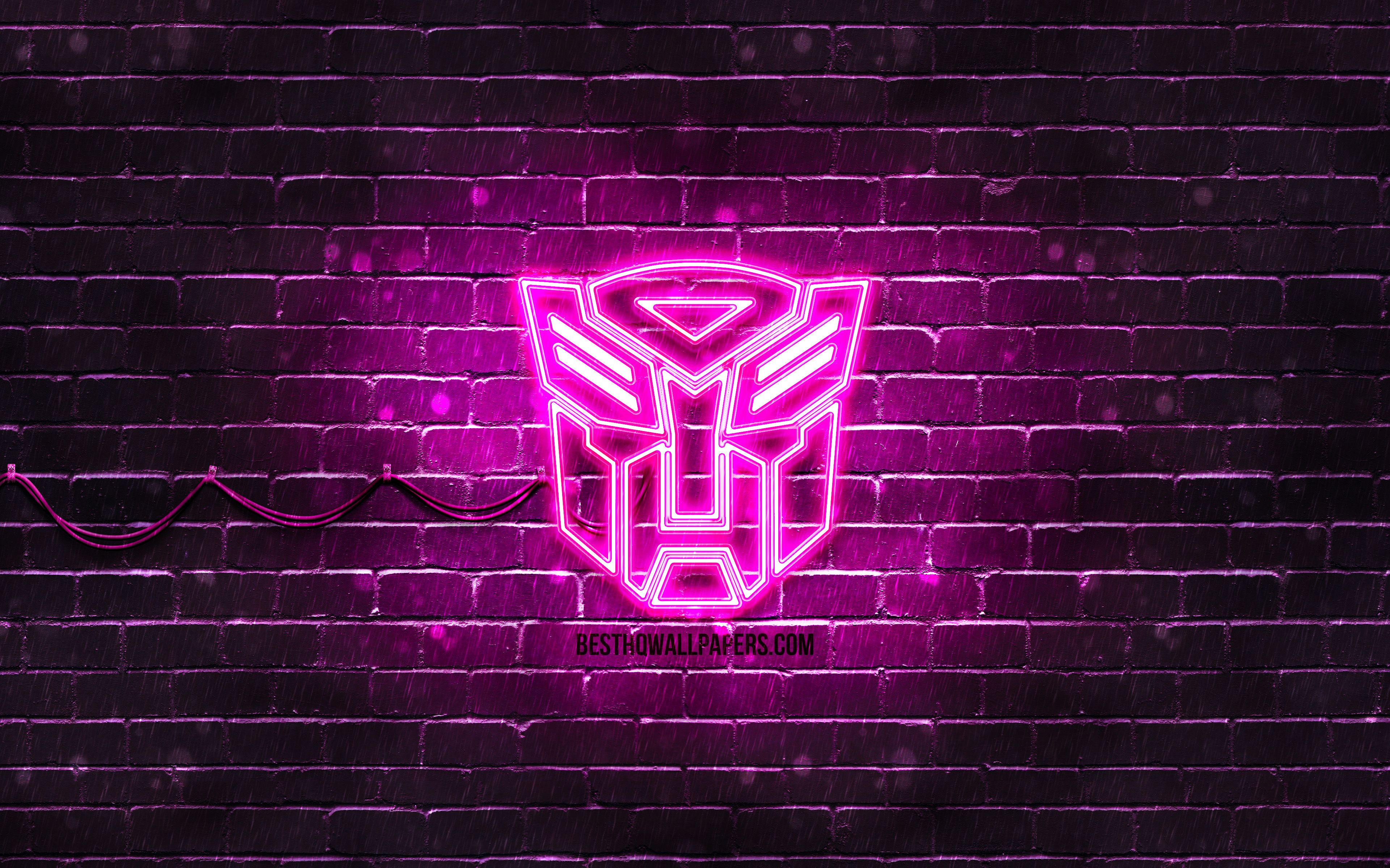Download wallpaper Transformers purple logo, 4k, purple brickwall, Transformers logo, movies, Transformers neon logo, Transformers for desktop with resolution 3840x2400. High Quality HD picture wallpaper