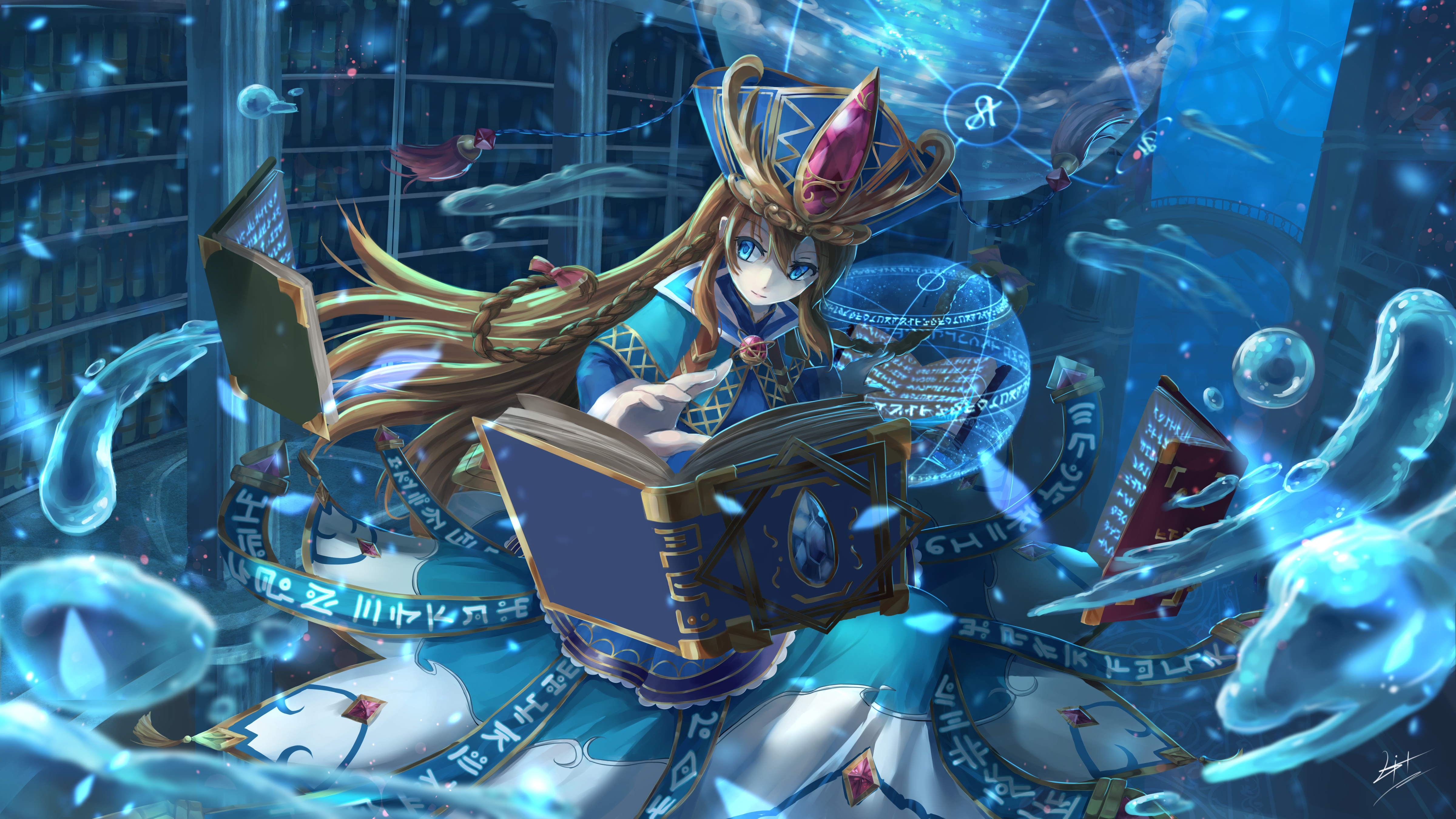 Wallpaper Brave Frontier, Magic, Library, Water Drops, Dress, Anime Style Games