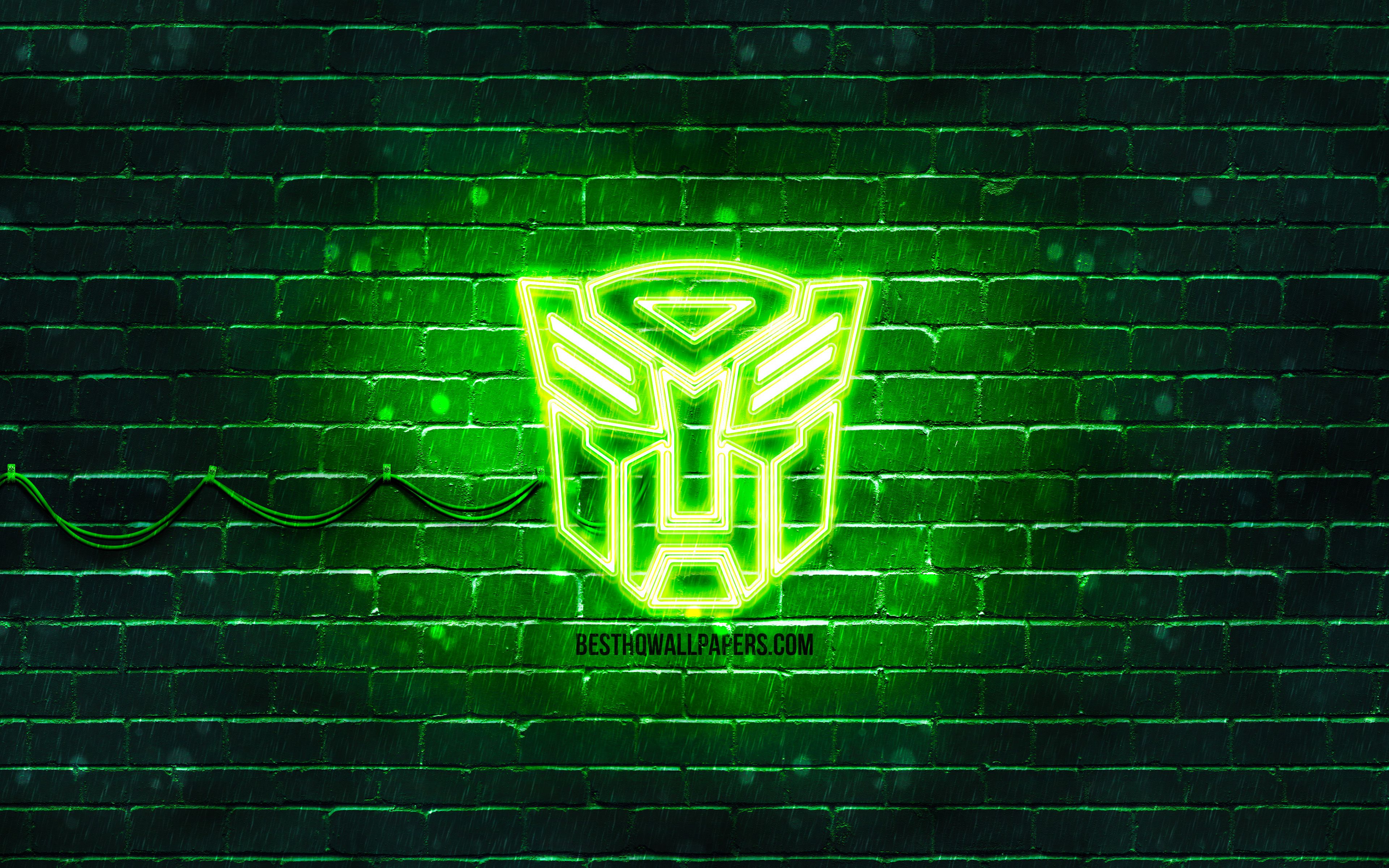 Download wallpaper Transformers green logo, 4k, green brickwall, Transformers logo, movies, Transformers neon logo, Transformers for desktop with resolution 3840x2400. High Quality HD picture wallpaper