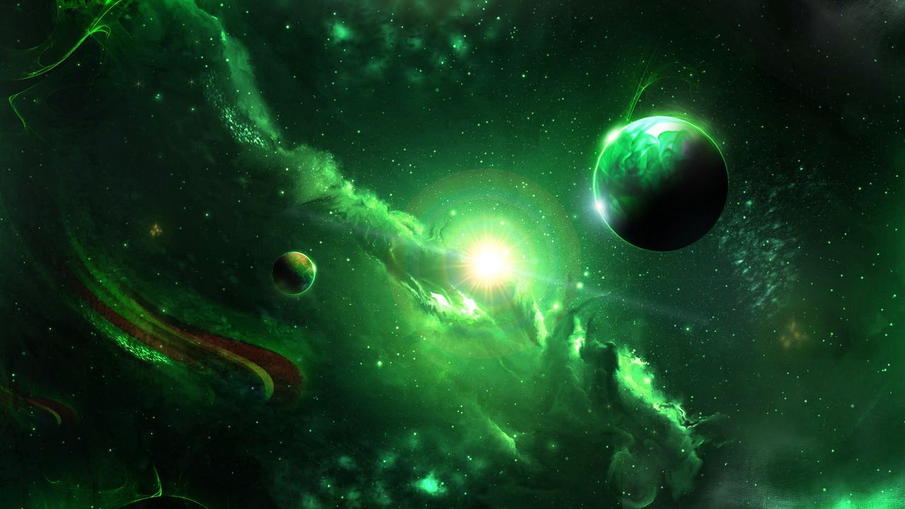 Wallpaper space, galaxy, planets, green, universe hd, picture, image