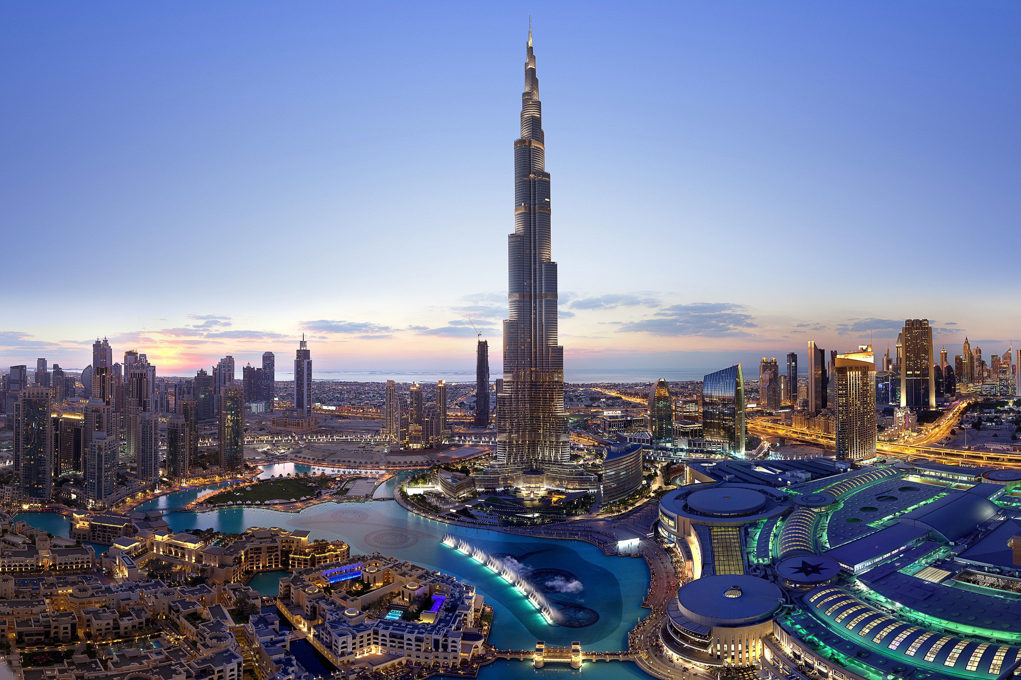 Burj Khalifa 4K Wallpaper, Dubai, Cityscape, Skyscrapers, Dusk, Clearsky, Sunset, Aerial view, World