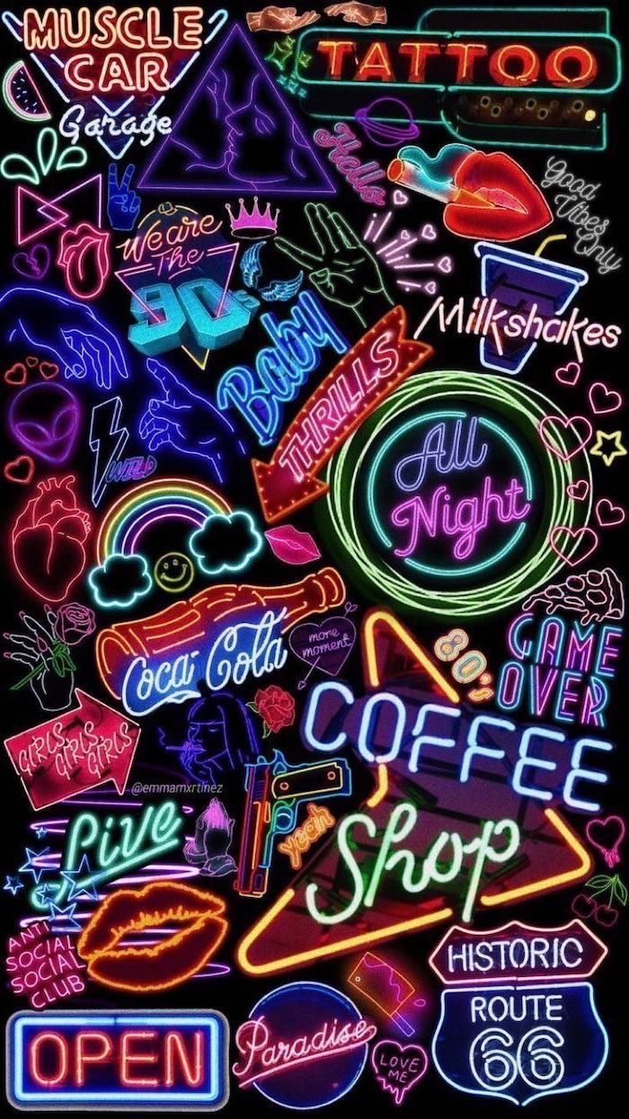 Neon Signs 90s Inspired Girly Wallpaper Collage Black Background. Neon Wallpaper, Aesthetic Iphone Wallpaper, Tumblr Wallpaper