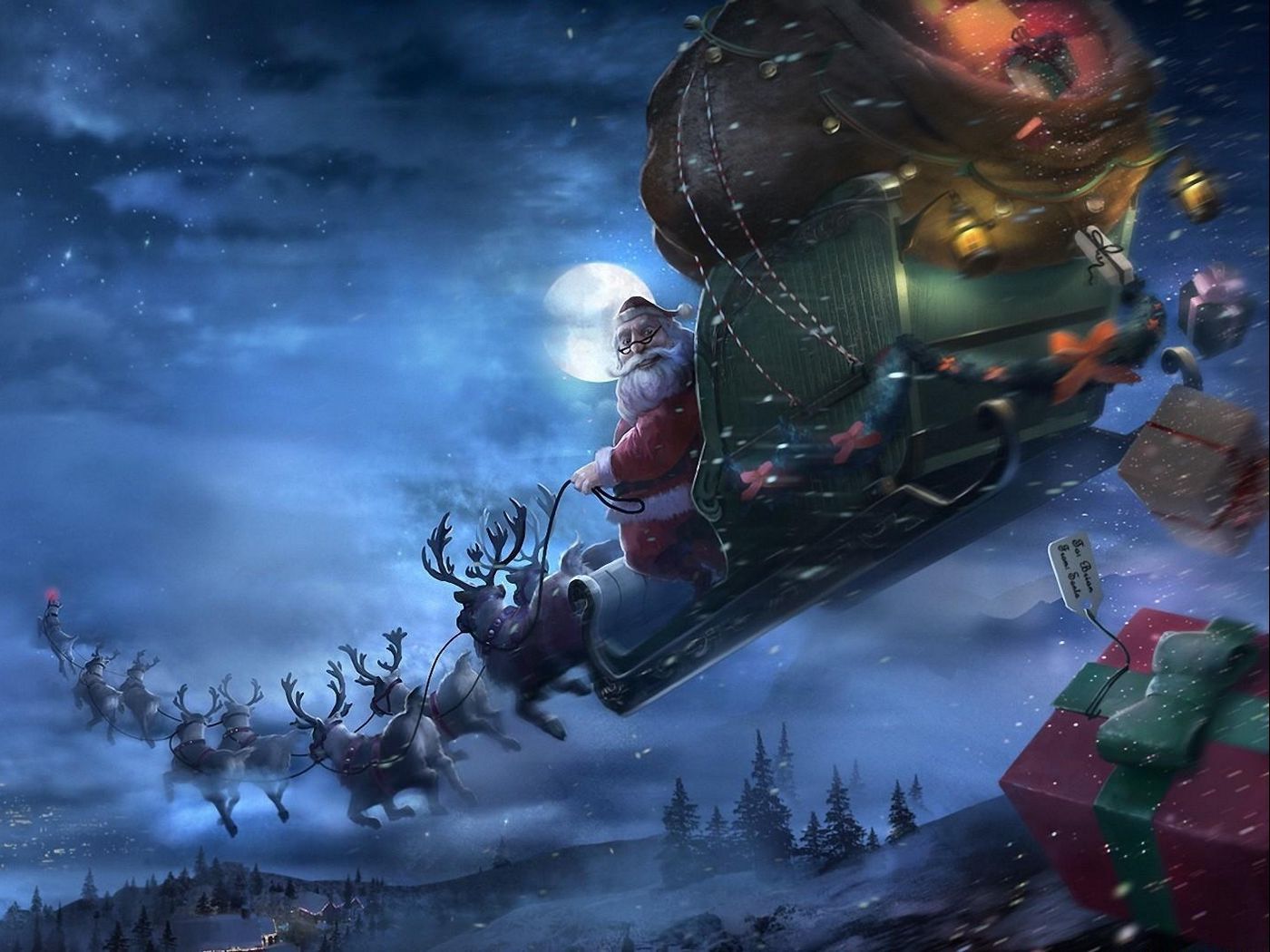 Download wallpaper 1400x1050 santa claus, reindeer, sleigh, flying, gifts, christmas standard 4:3 HD background