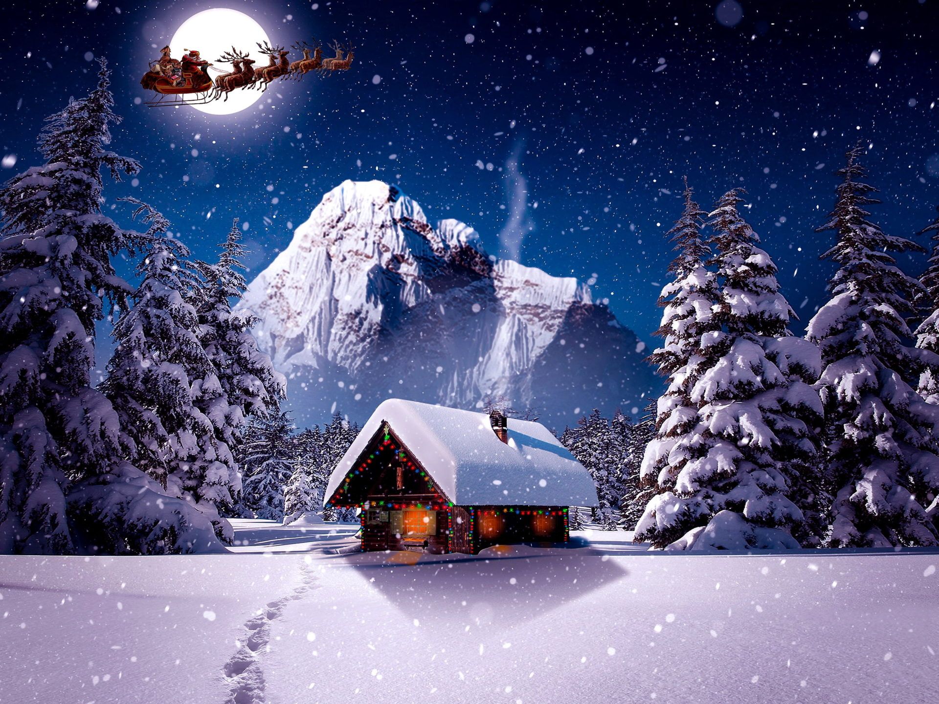 Christmas Wallpaper HD Landscape Winter Santa Claus Sleigh Snow Moon Log Cabin, Wallpaper13.com