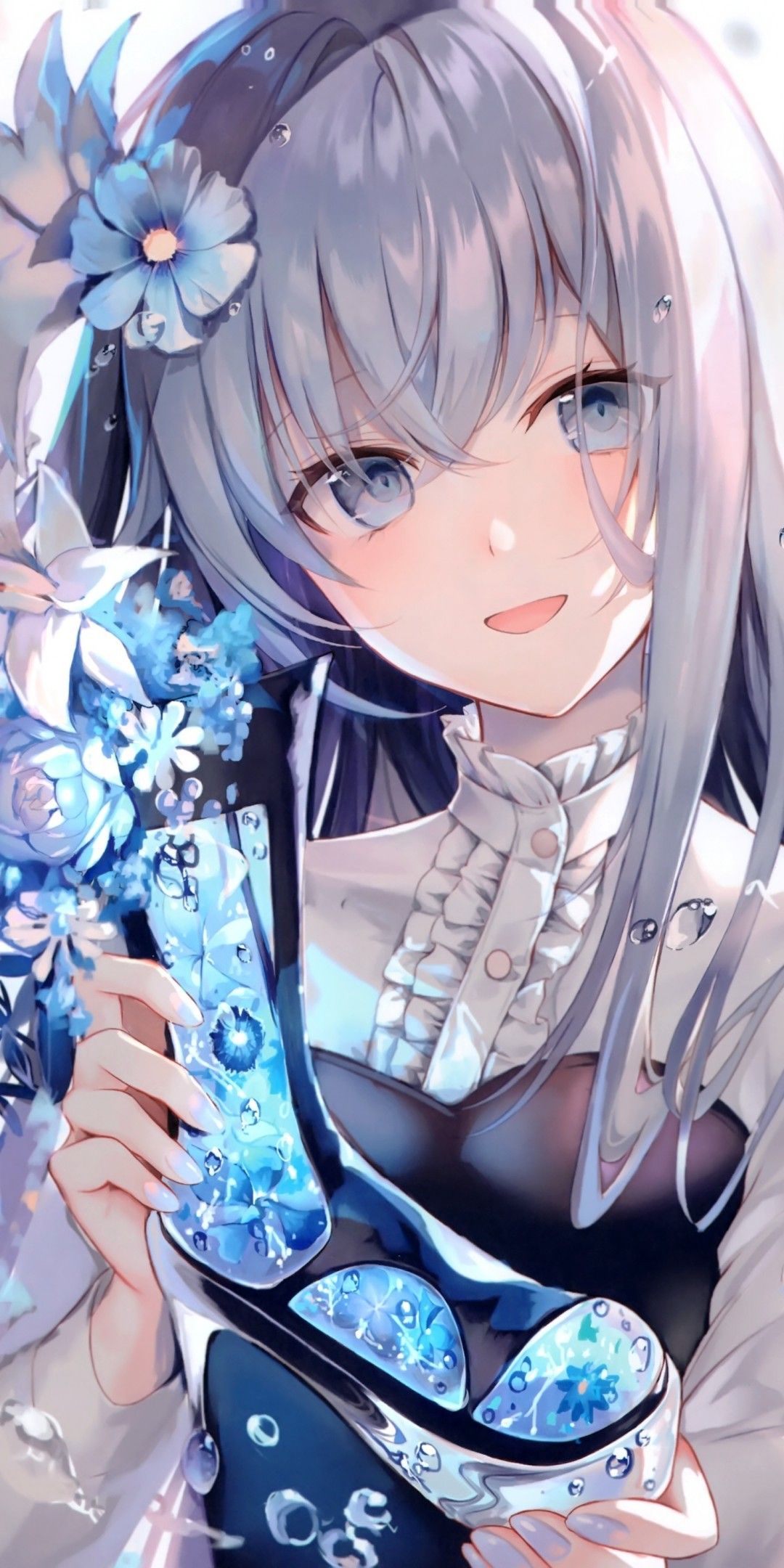 Download 1080x2160 Beautiful Anime Girl, Gray Hair, Smiling, Blue Flowers, Glass Shoe Wallpaper for Huawei Mate 10