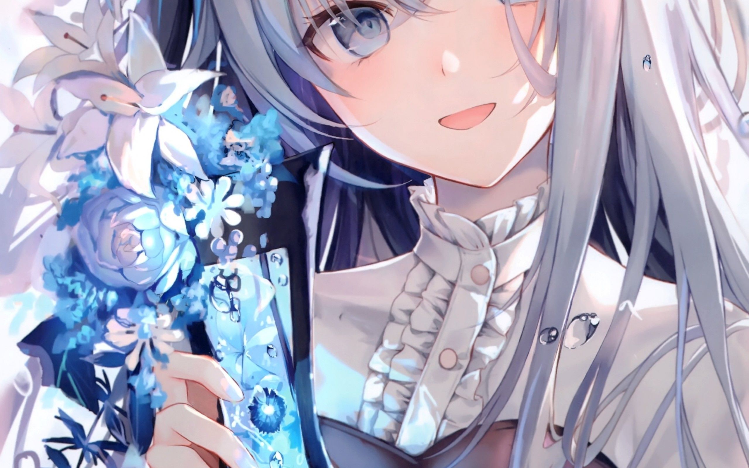 Download 2560x1600 Beautiful Anime Girl, Gray Hair, Smiling, Blue Flowers, Glass Shoe Wallpaper for MacBook Pro 13 inch