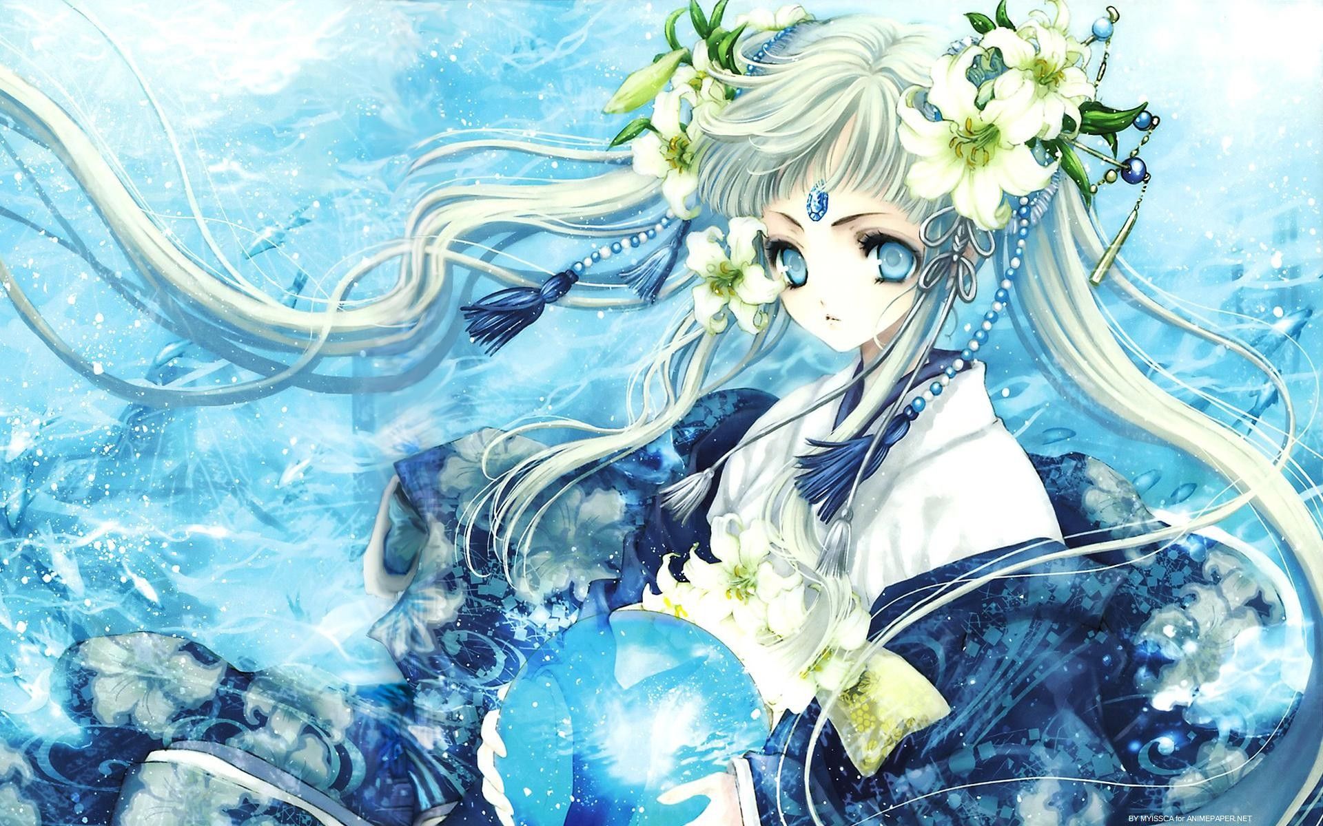 water, blue, flowers, blue eyes, long hair, fantasy art, Goddess, twintails, jewelry, white hair, Japanese clothes, anime girls wallpaper