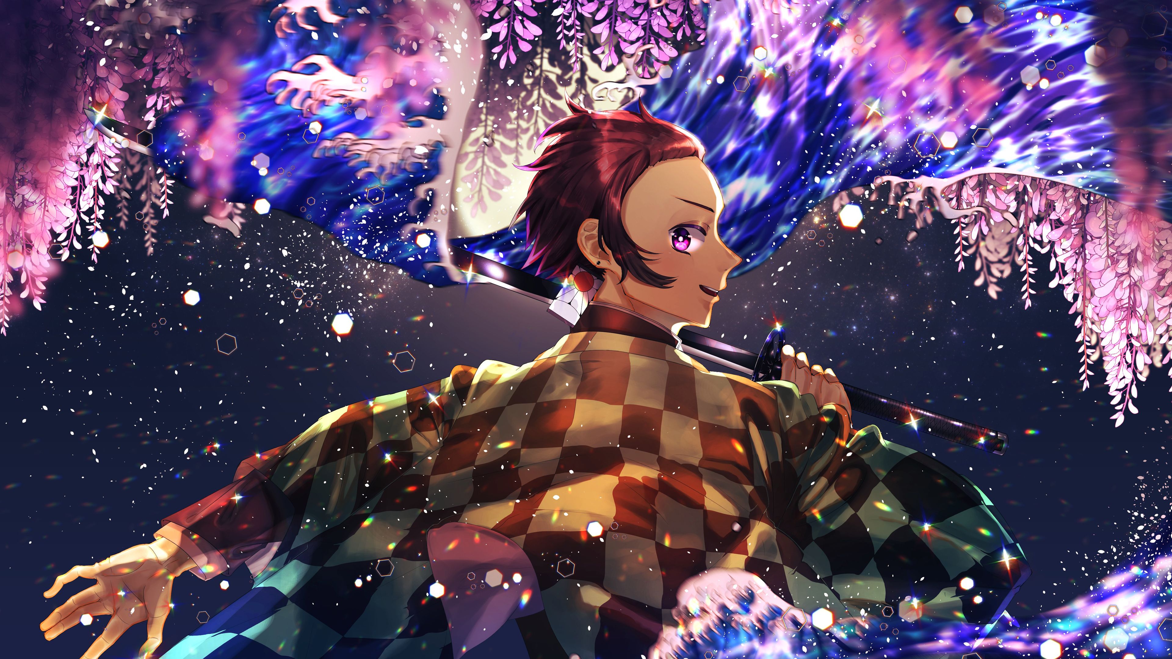 Demon Slayer Tanjirou Kamado With Sword With Background Of Black And Blue Purple Flowers 4K HD Anime Wallpaper