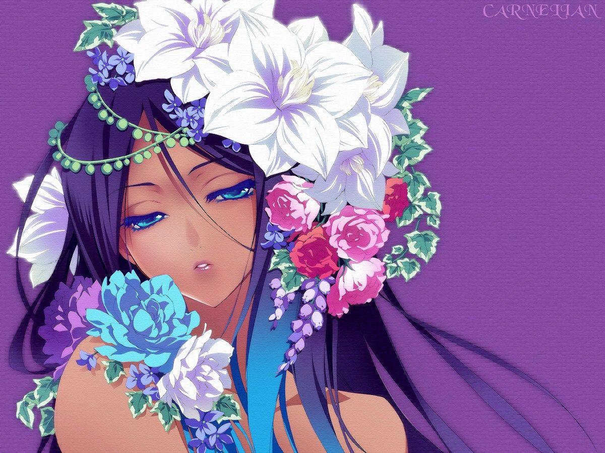 Vocaloid, flowers, blue eyes, long hair, Carnelian, purple hair, anime, roses, anime girls, white flowers, pink flowers, purple flowers, blue flowers, flower in hair wallpaper
