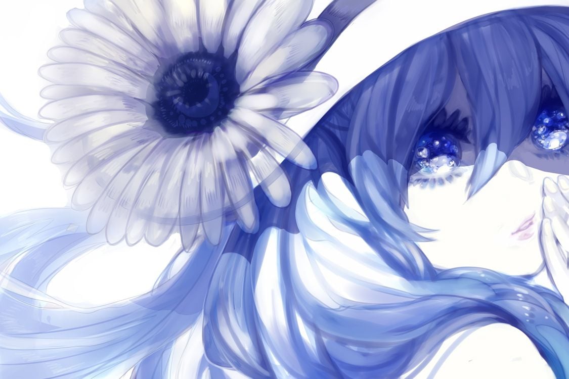 blue flowers hat hatsune miku long hair monochrome sunflower tom vocaloid: Anime Wallpaper