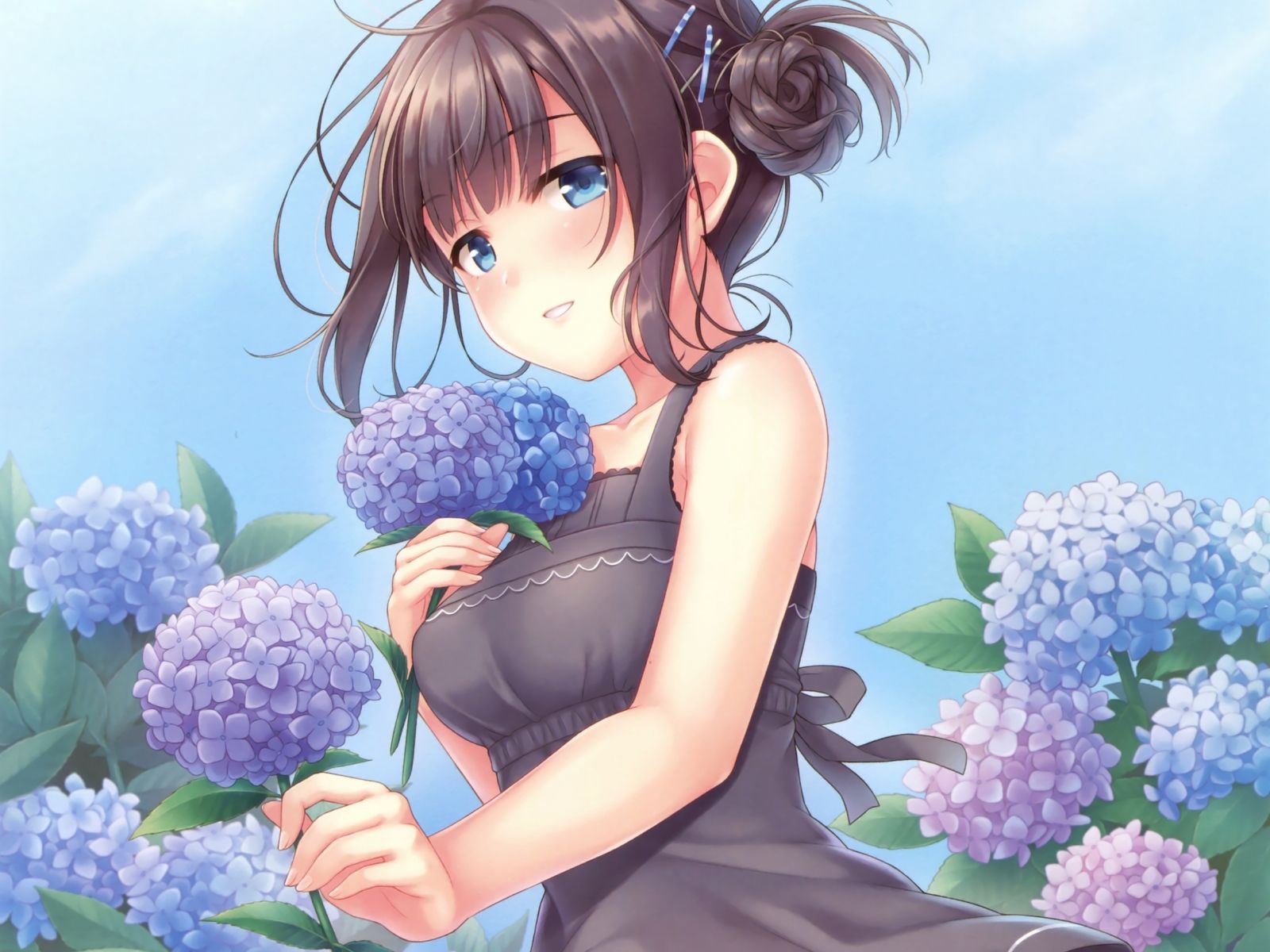 Download 1600x1200 wallpaper flowers, blue, cute anime girl, standard 4: fullscreen, 1600x1200 HD image, background, 3873