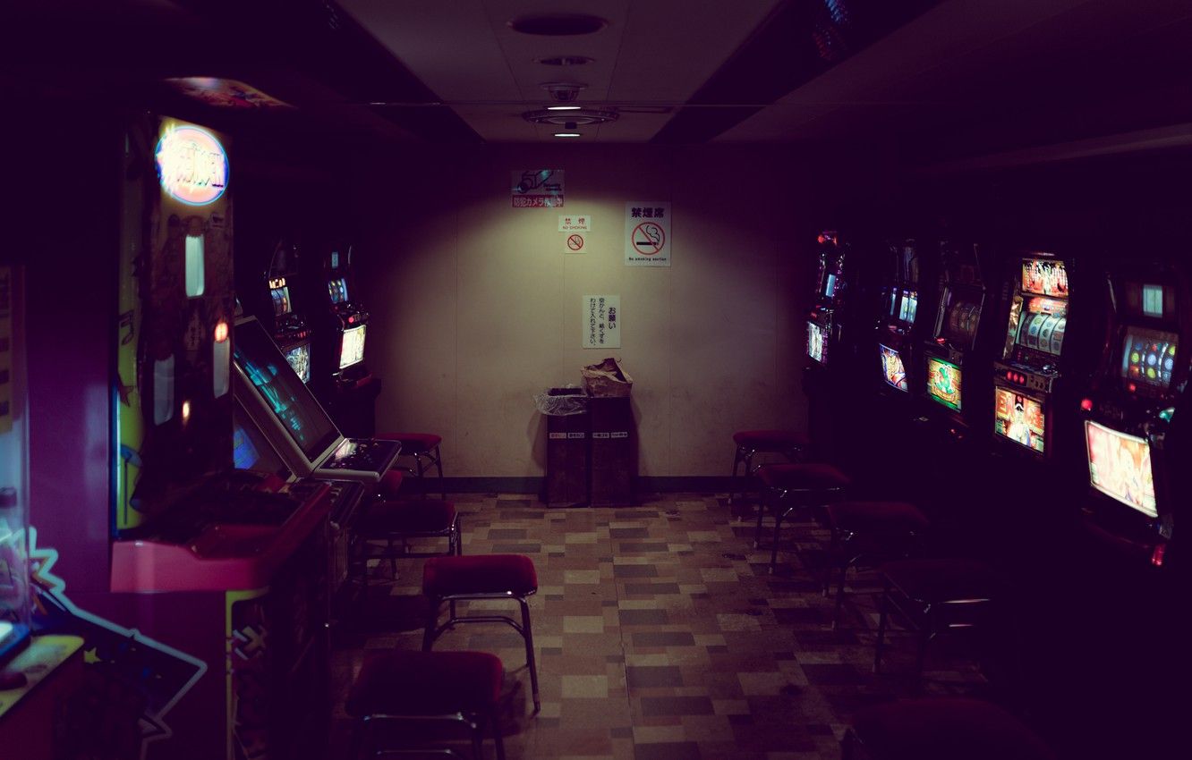 Wallpaper light, game, garbage, neon, room, chair, arcade image for desktop, section интерьер
