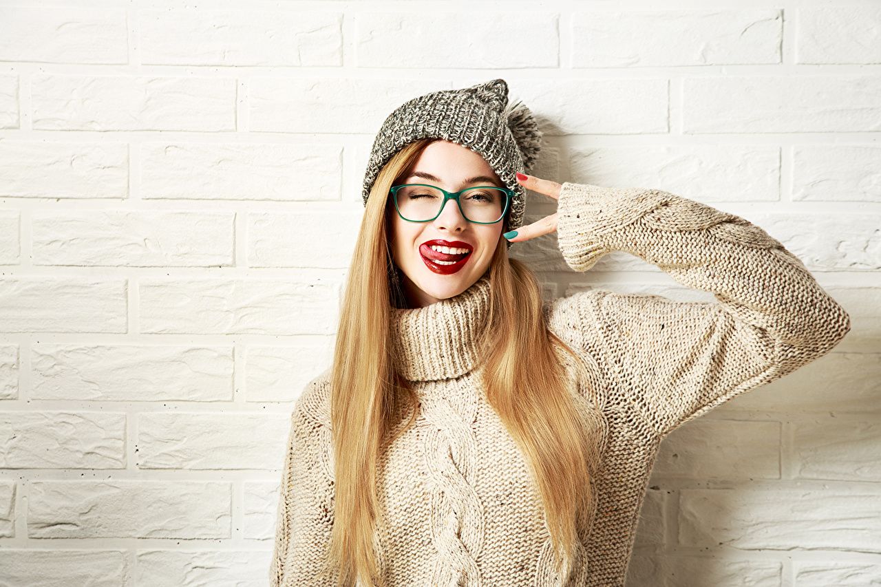 image Blonde girl Face female Winter hat Sweater eyeglasses