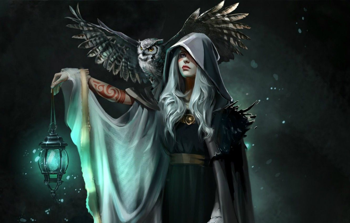 Wallpaper night, owl, wings, tattoo, hood, lantern, witch, cloak, the witch, Dragon Age, owl, blue light, Alistair, gray, Julia Kovalyova image for desktop, section фантастика