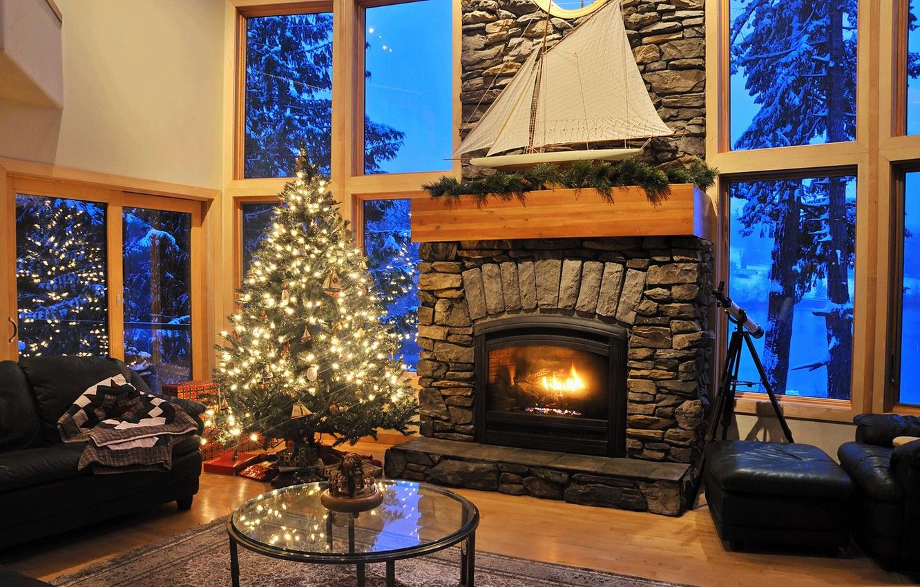 Wallpaper sofa, tree, window, Christmas, fireplace image for desktop, section интерьер