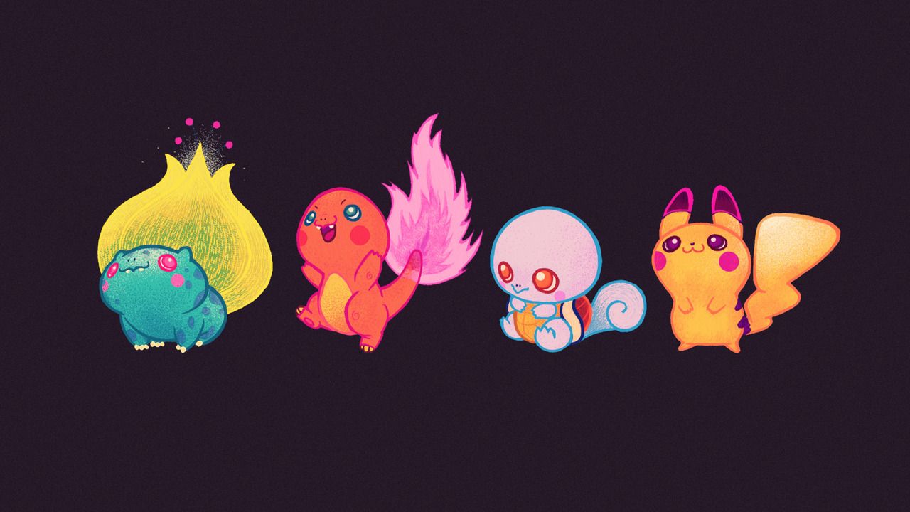 Illustration gaming pokemon wallpaper neon kanto neon starters paperbeatsscissors