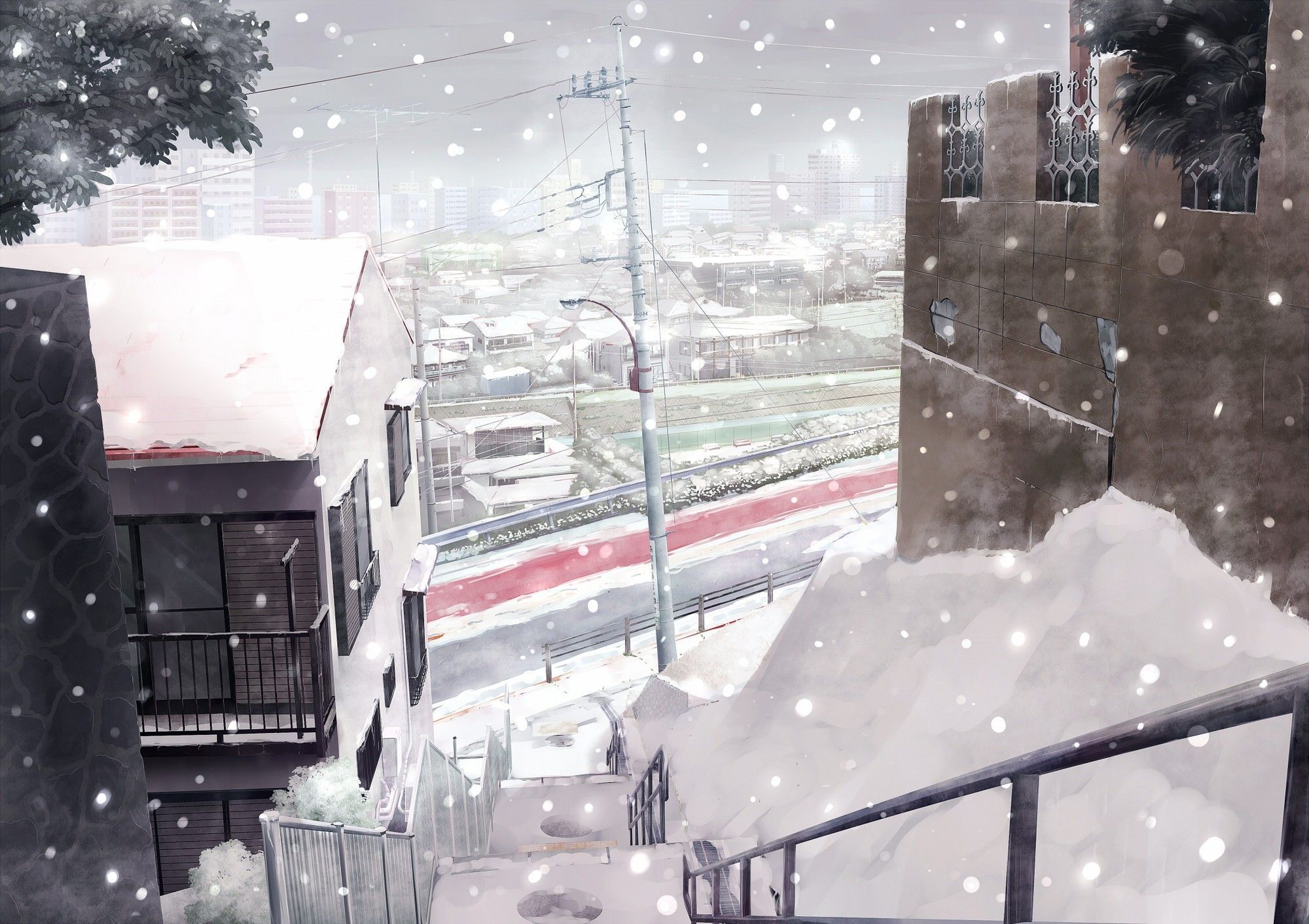 cityscape #wallpaper #stairs #winter #anime #city #snow wallpaper. Anime snow, Winter wallpaper, Anime scenery