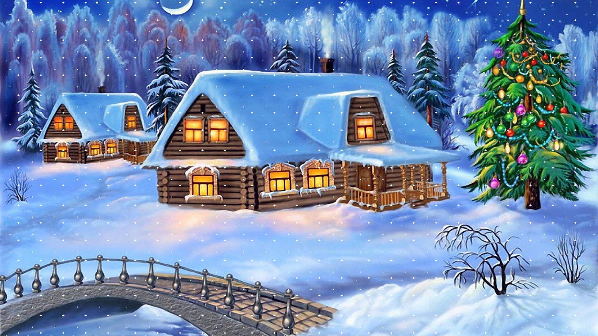 Happy New Year Christmas Tree Winter Village Houses Wooden Bridge Snow Tree Snow HD Wallpaper 3840x2400, Wallpaper13.com