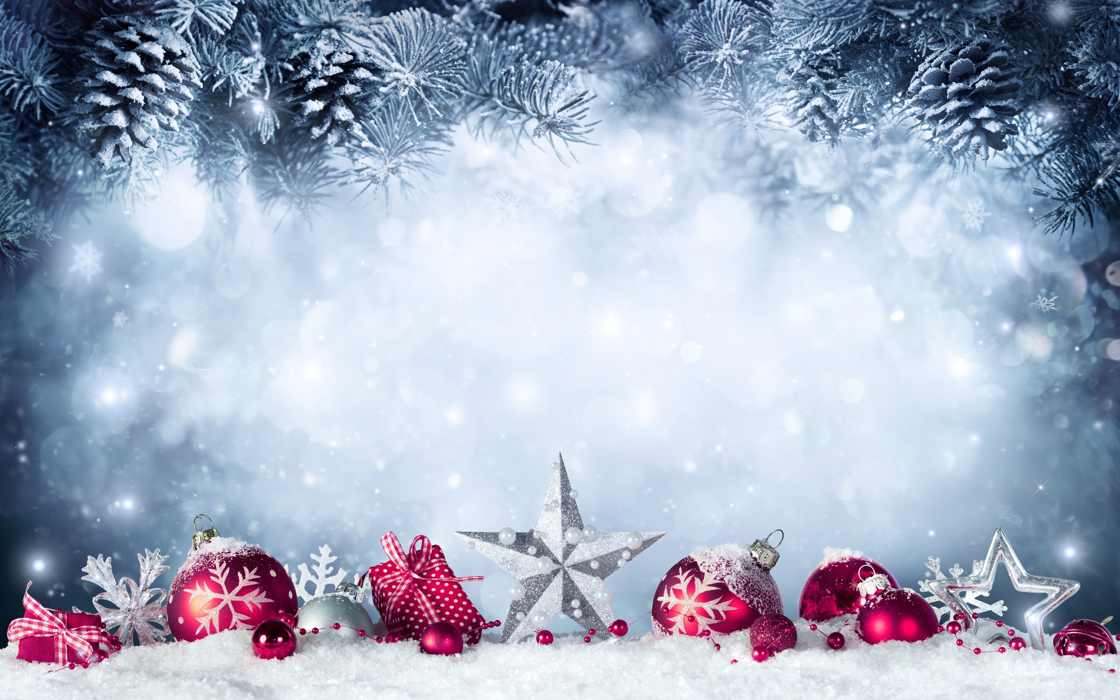 Download wallpaper Merry Christmas, 4k, snow, new year decorations, xmas balls, Happy New Year, christmas decorations, New Years concerts, xmas decorations for desktop with resolution 3840x2400. High Quality HD picture wallpaper