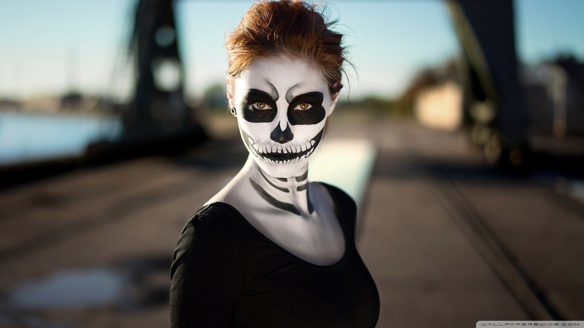 Women Makeup Brunette Sugar Skull Brown Eyes Dia De Los Muertos Face Paint Wallpaper:1920x1080