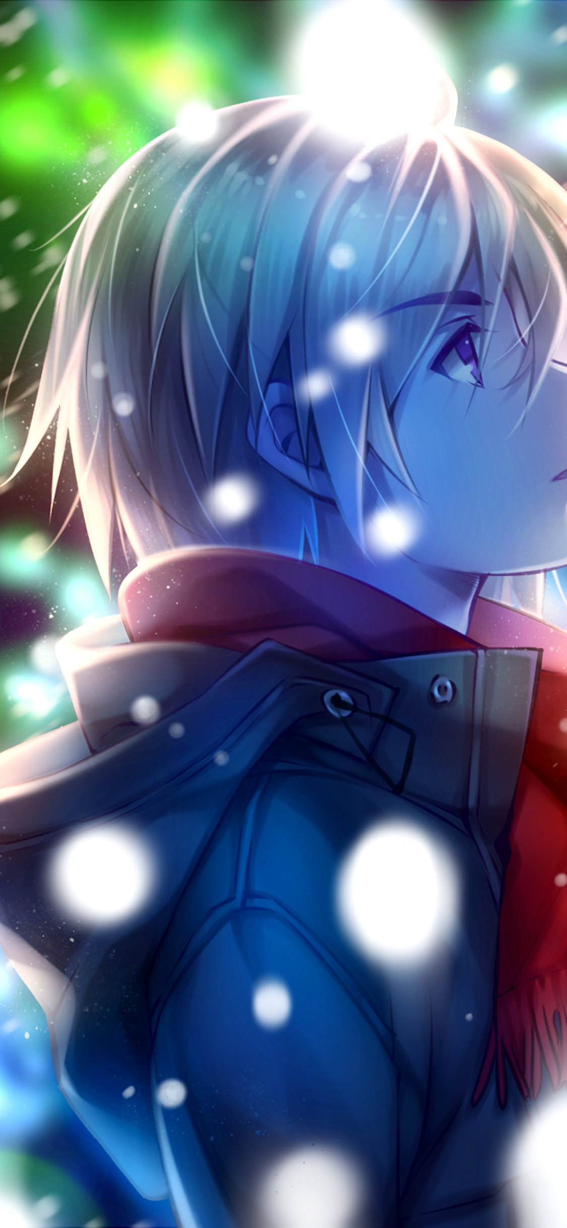 Download 1125x2436 Anime Boy, Profile View, Red Scarf, Winter, Snow, Coffee Wallpaper for iPhone 11 Pro & X