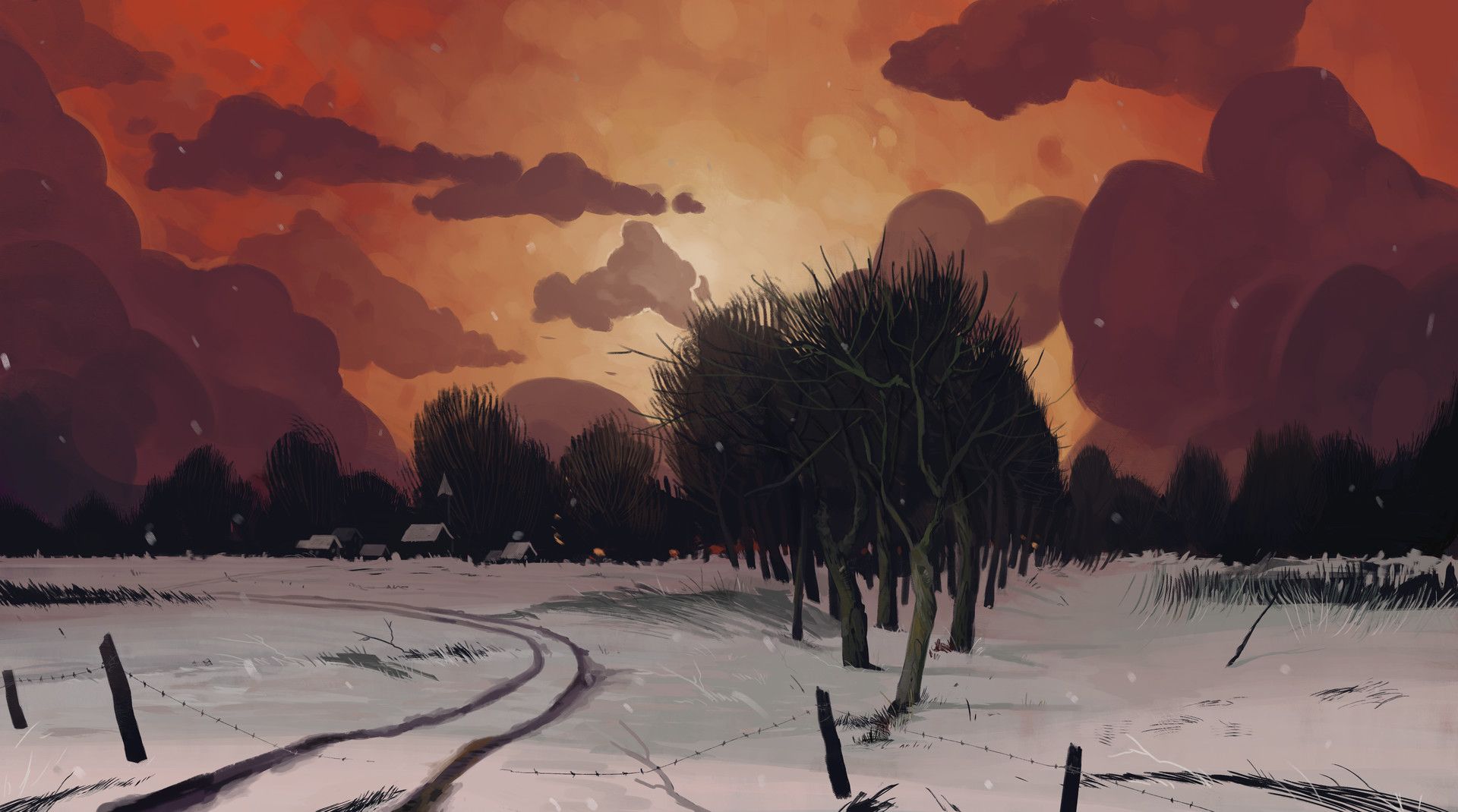 Nature Landscape Winter Snow Trees Digital Art Clouds House Snowflakes Sunset Wallpaper:1920x1070