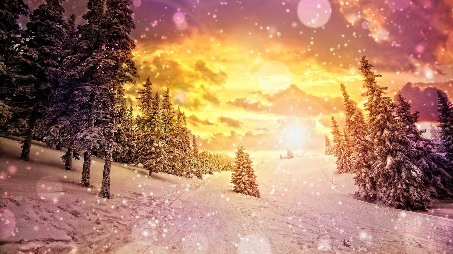 Art artistic cg digital nature landscapes mountains winter snow snowing flakes drops sparkle sky clouds sunset sunrise seasons wallpaperx1080