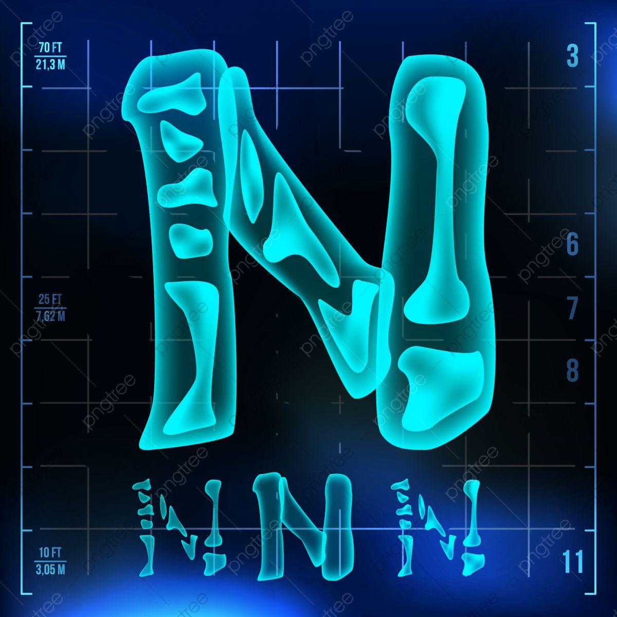 N Letter Vector Capital Digit Roentgen X Ray Font Light Sign Radiology Neon Scan Effect Alphabet 3D Blue Light Digit With Bone Hospital Pirate Futuristic Style Illustration, N, Ill, Isolated PNG and