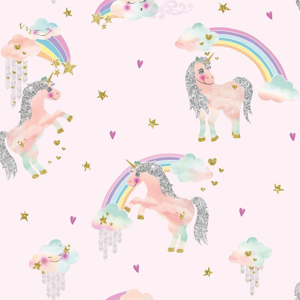 Arthouse 696108 Fill Your Kidâ€s Bedroom With Multi Coloured, Glitter Clouds And Sparkling Magical Rainbow Unicorn Wallpaper Is Available In Soft Pink And White, 53 X 7: Amazon.co.uk: DIY & Tools