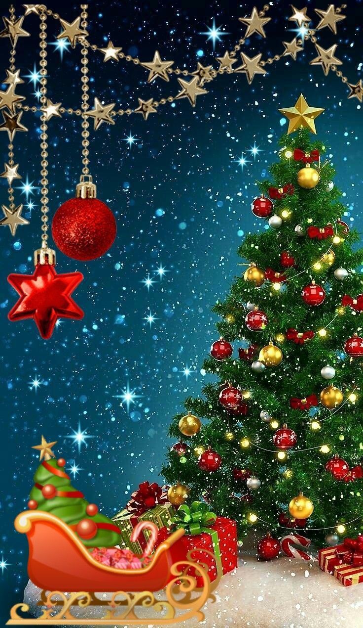 Christmas Tree with beautiful red and gold ornaments with the star on top with Santa Clau. Merry christmas gif, Christmas tree wallpaper, Merry christmas picture