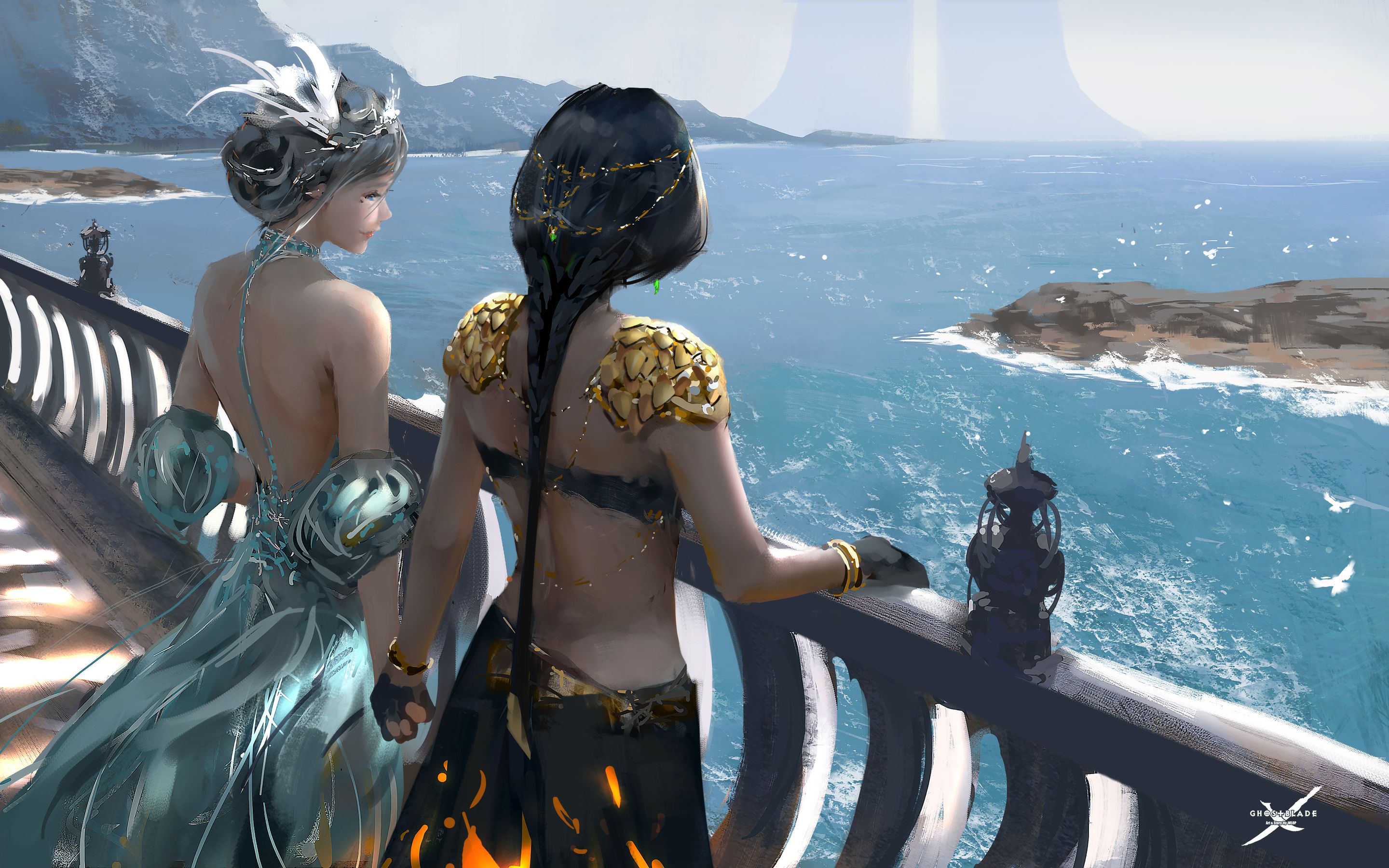 Women Standing At Balcony Looking Sea Digital Art Fantasy Girls Macbook Pro Retina HD 4k Wallpaper, Image, Background, Photo and Picture