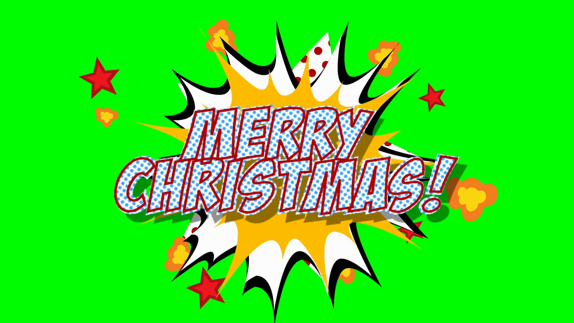 merry christmas video greeting card in comic style, Merry Christmas! text with red halftone pattern background appears and disappears on green screen Motion Background