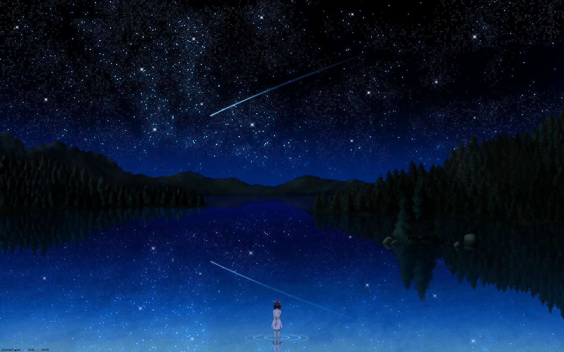 women, trees, stars, lakes wallpaper