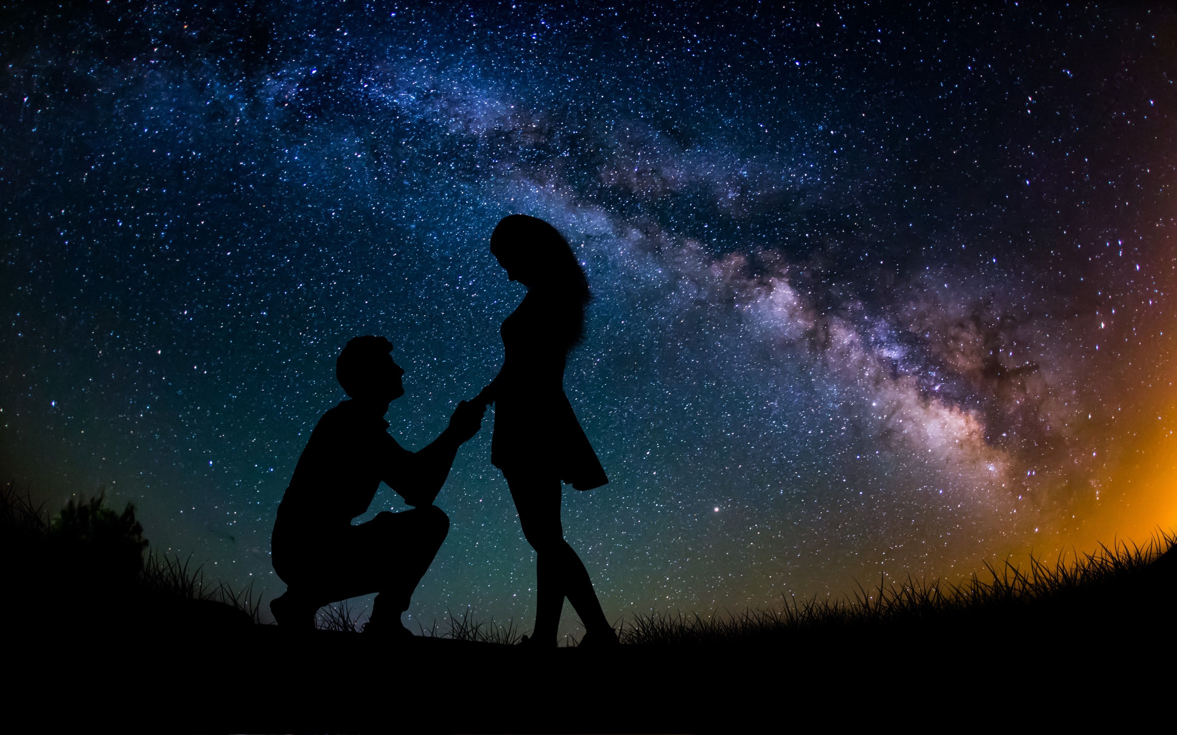 Couple 4K Wallpaper, Lovers, Proposal, Silhouette, Starry sky, Romantic, Engagement, Love