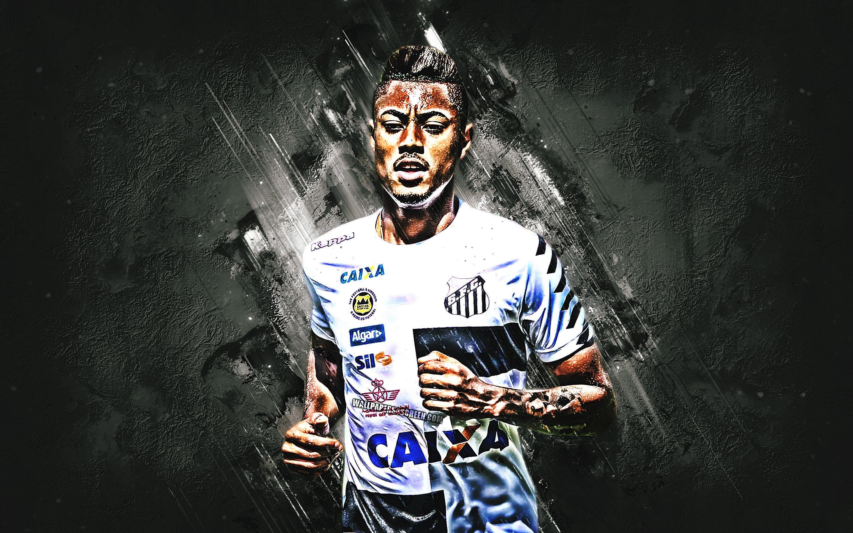 Download wallpaper Bruno Henrique, grunge, Santos FC, black stone, Brazilian footballers, soccer, Serie A, Brazil, football for desktop with resolution 2880x1800. High Quality HD picture wallpaper