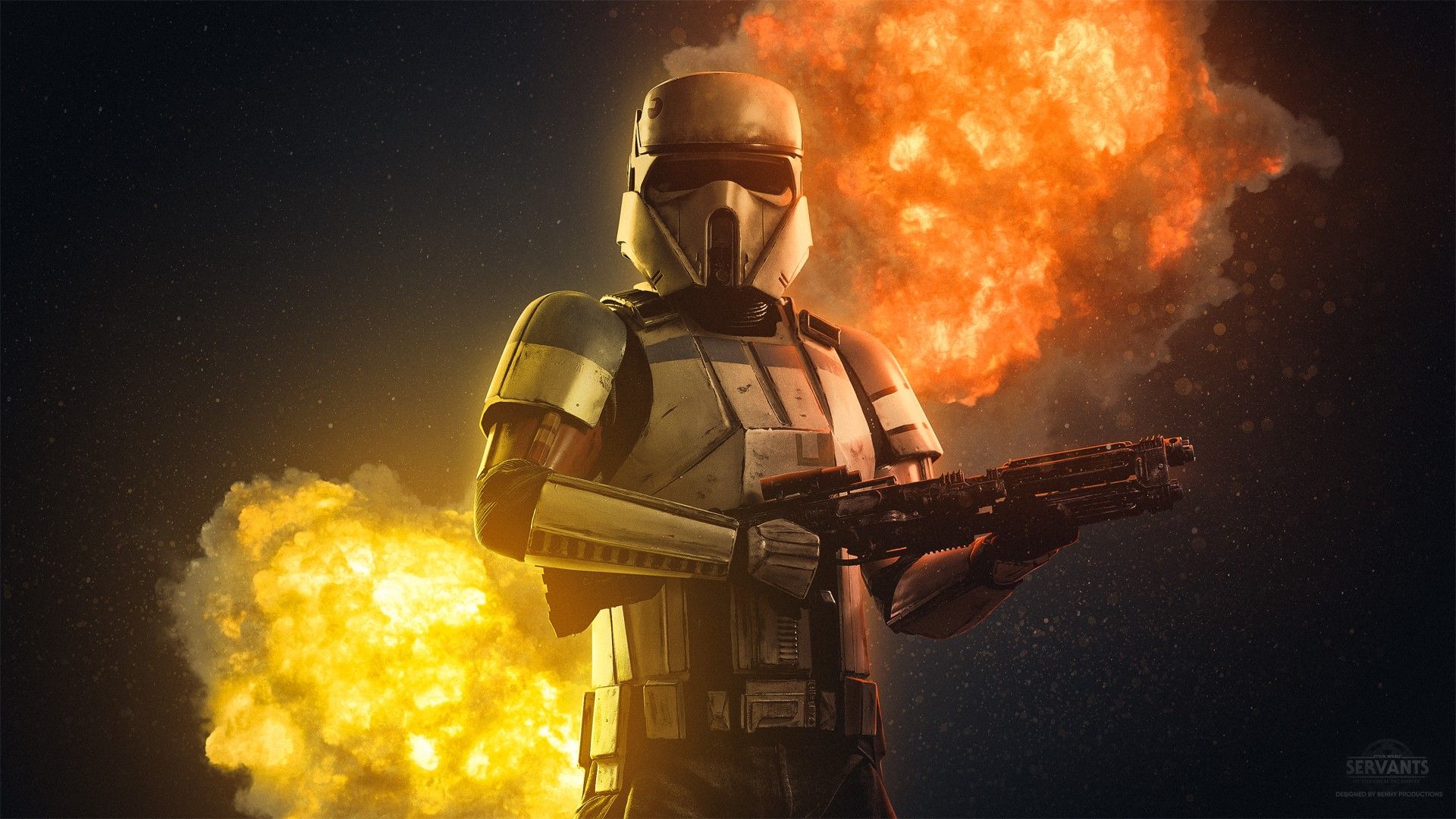 Wallpaper / Benjamin van Valen, Imperial Stormtrooper, men, blaster, explosion, armor, helmet, Star Wars, black background, Photohop